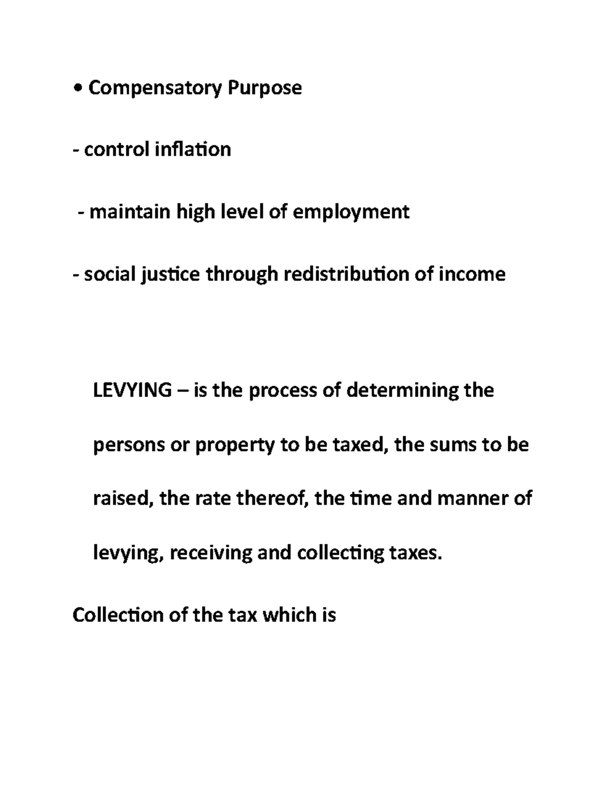 Taxation VII Compensatory Purpose control inflation maintain high