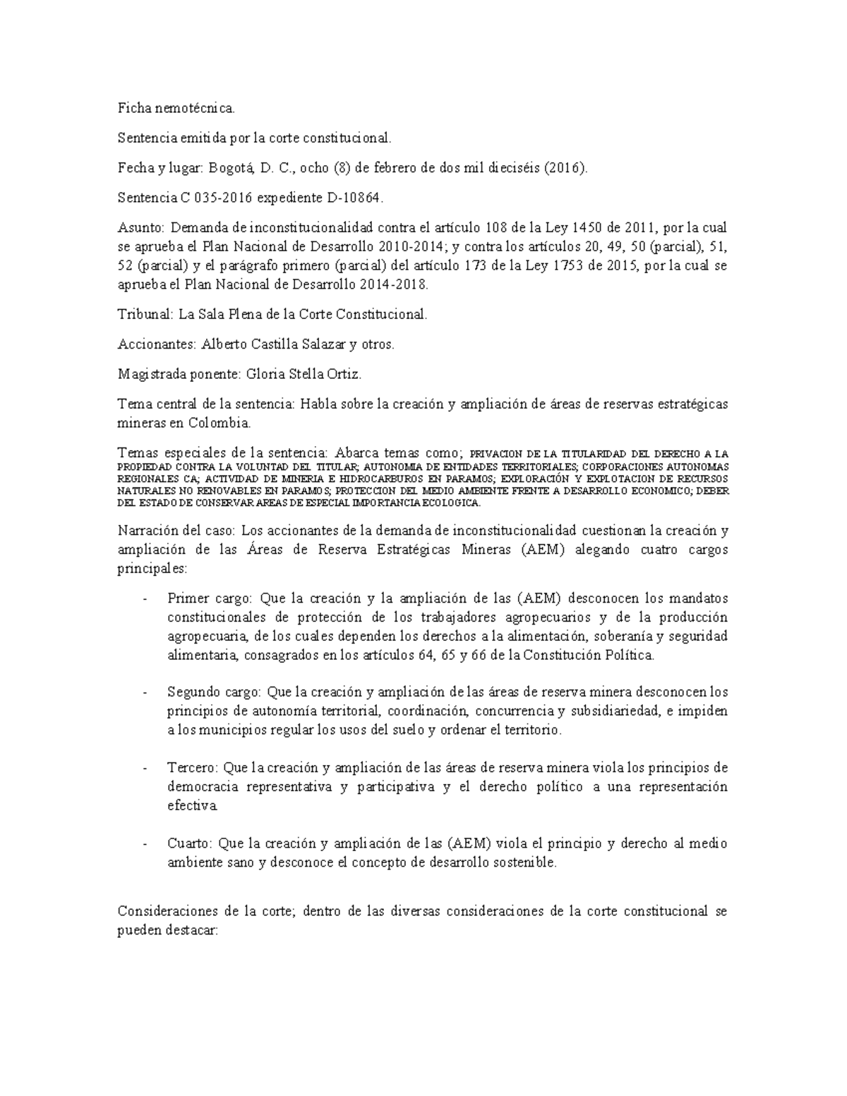 Ficha nemotecnica sentencia C 035 16 - Ficha nemotécnica. Sentencia