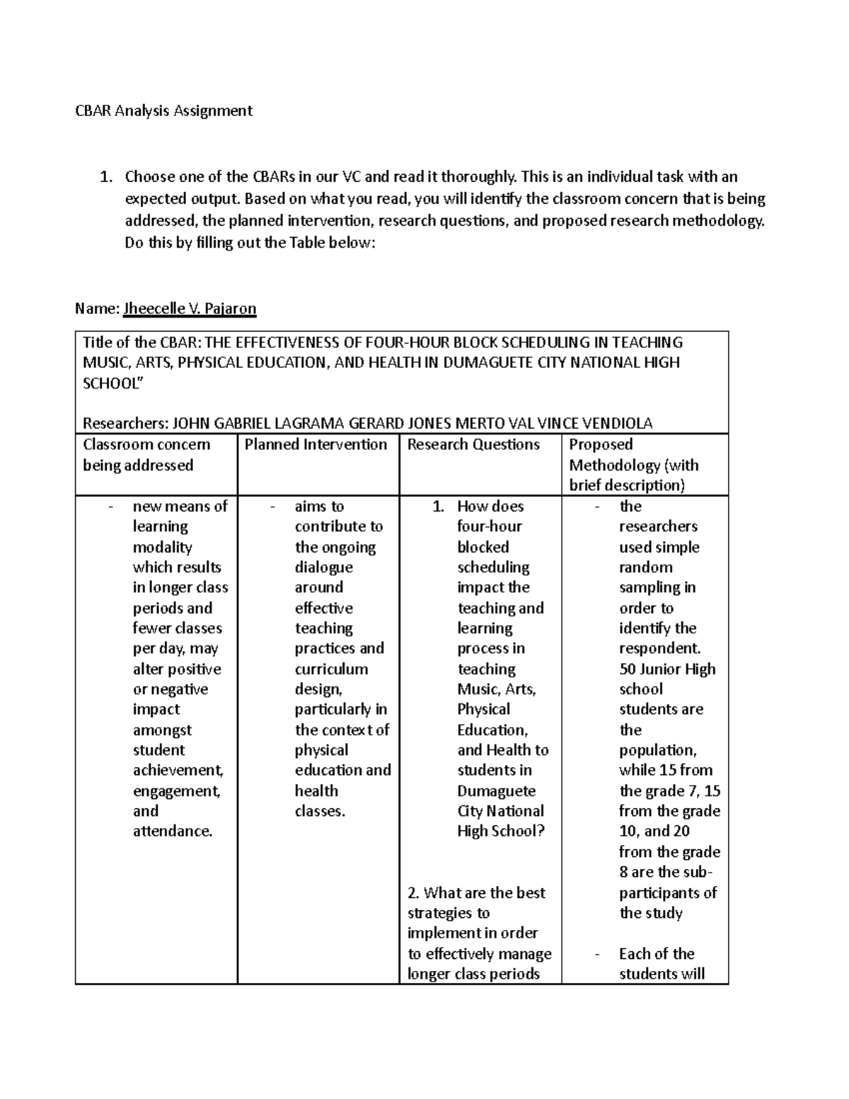 CBAR Analysis Pajaron - CBAR Analysis Assignment 1. Choose One Of The ...