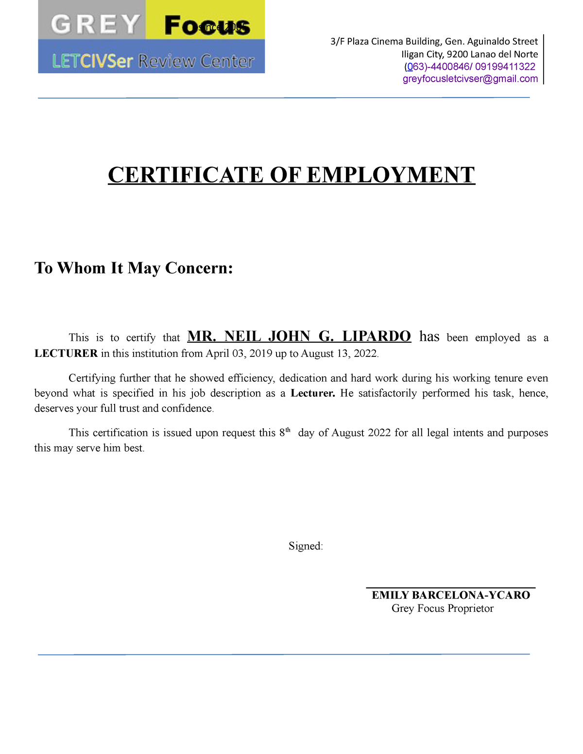 Certificate-OF- Employment - 3/F Plaza Cinema Building, Gen. Aguinaldo ...