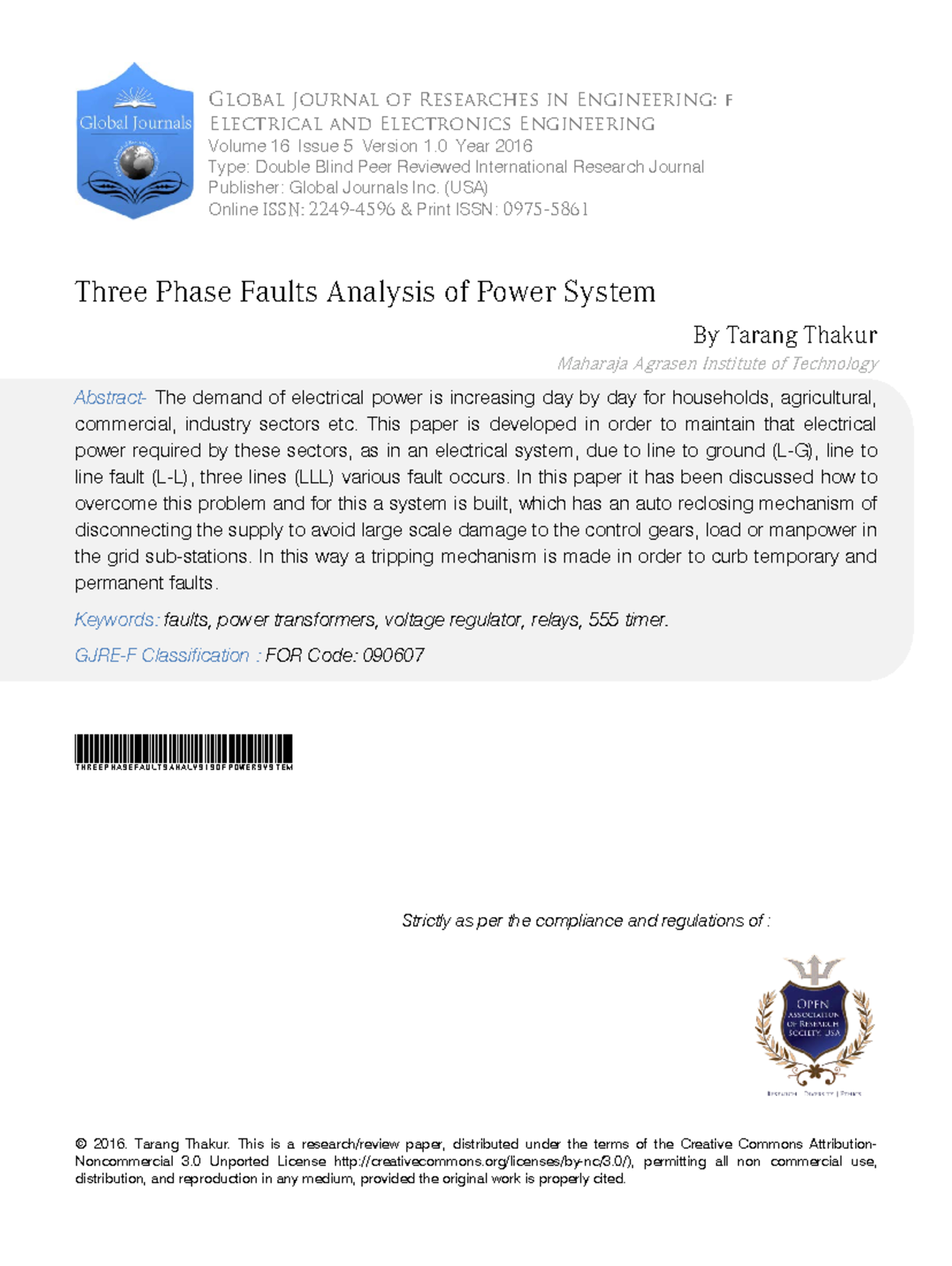 1 Three Phase Faults Analysis - © 2016. Tarang Thakur. This is a ...