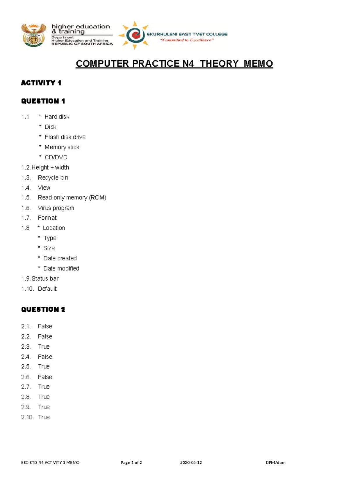 Computer Practice N4 Theory MEMO Activity 1 - COMPUTER PRACTICE N4 ...