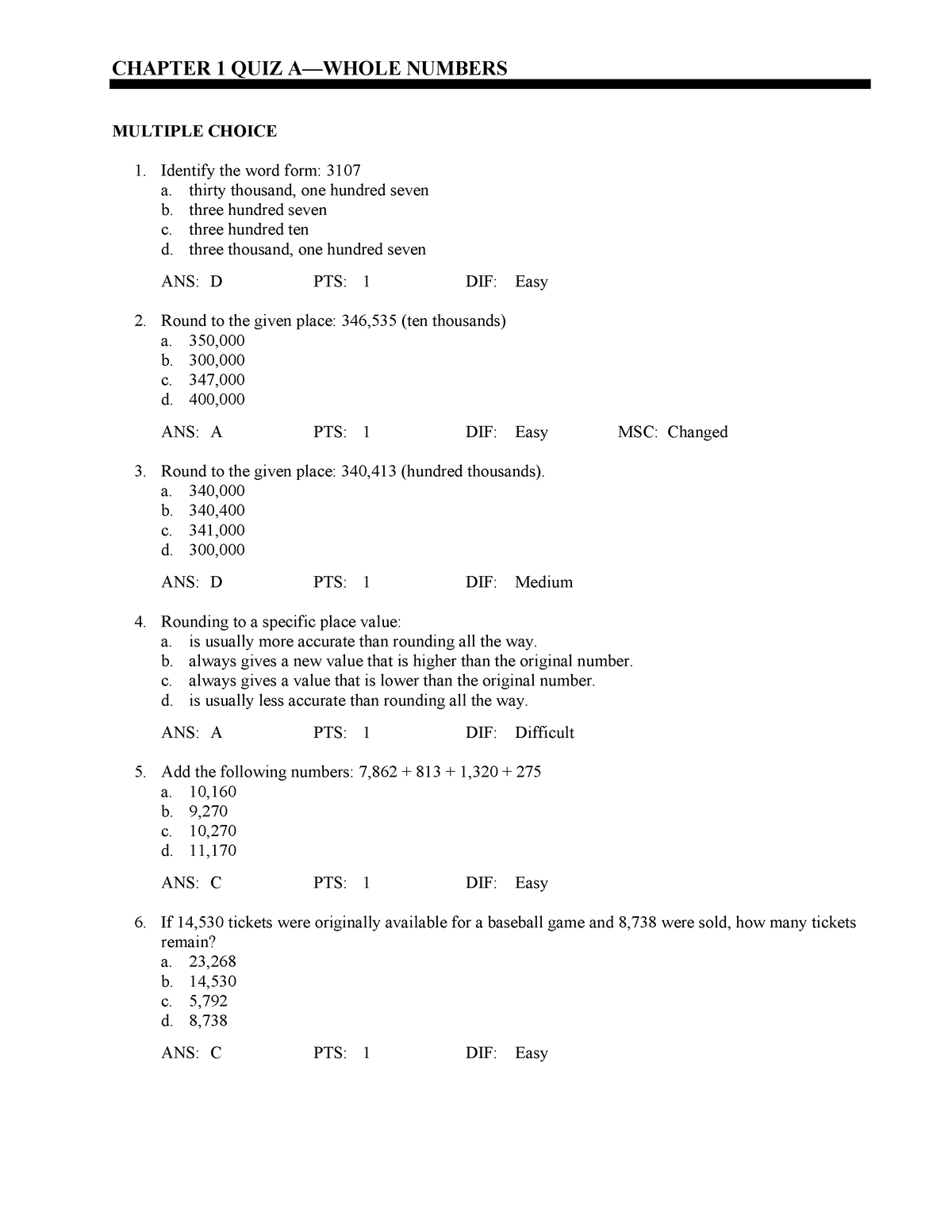 9780324568493 Test Bank Ch1 Chapter 1 Quiz A—whole Numbers Multiple