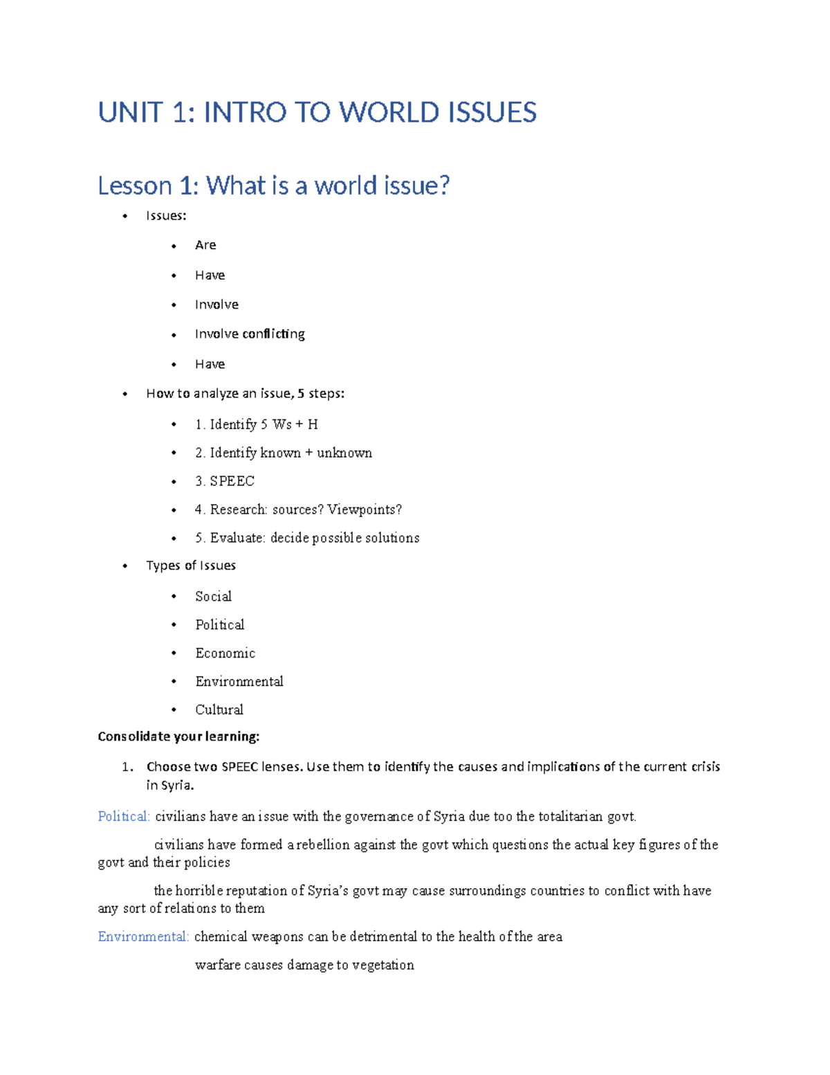 Cgw4u U1 Notes Ovs Unit 1 Intro To World Issues Lesson 1 What Is A World Issue Issues