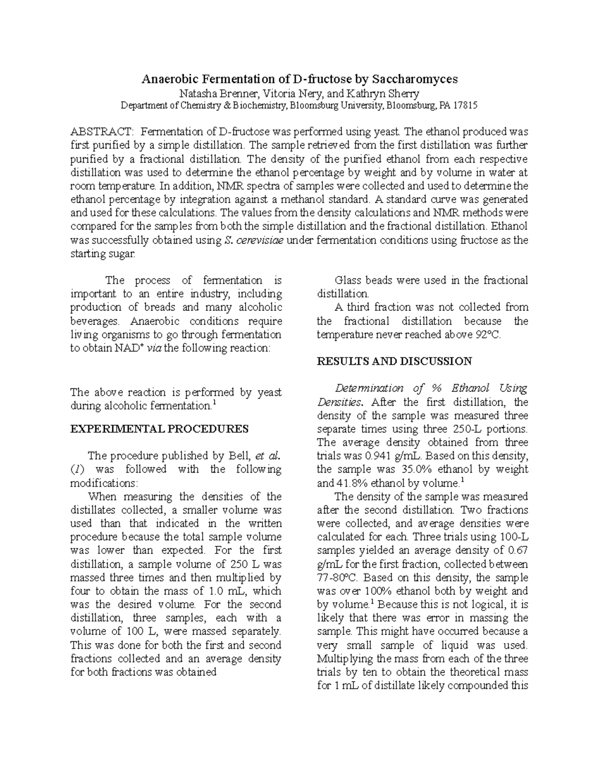 Fermentation report - Anaerobic Fermentation of D-fructose by ...