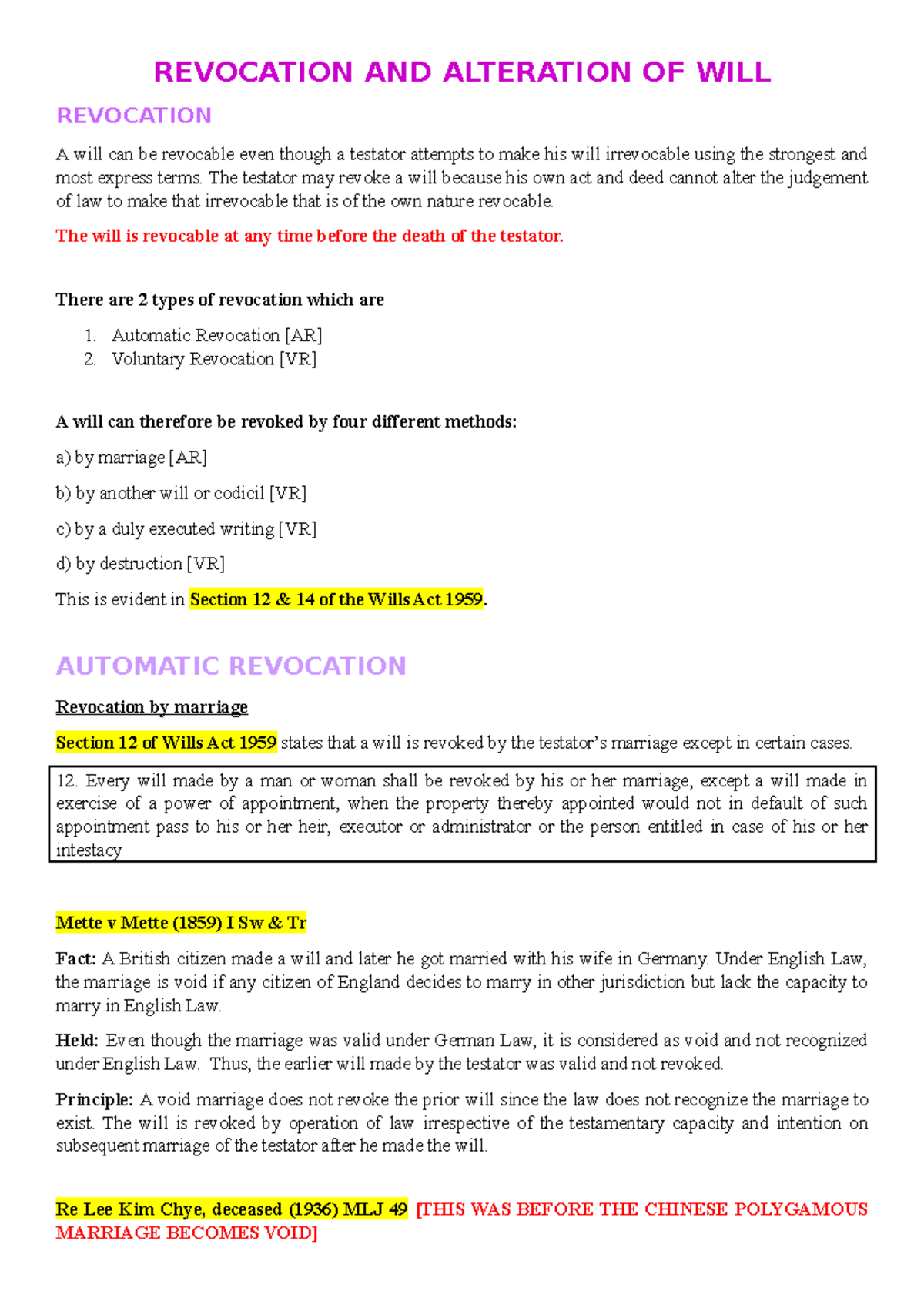 Topic 3 - Revocation AND Alteration OF WILL - REVOCATION AND ALTERATION ...