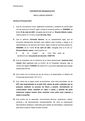 Contrato DE Franquicia KFC - CONTRATO DE FRANQUICIA KFC D E C L A R A C I O  N E S Declara el - Studocu