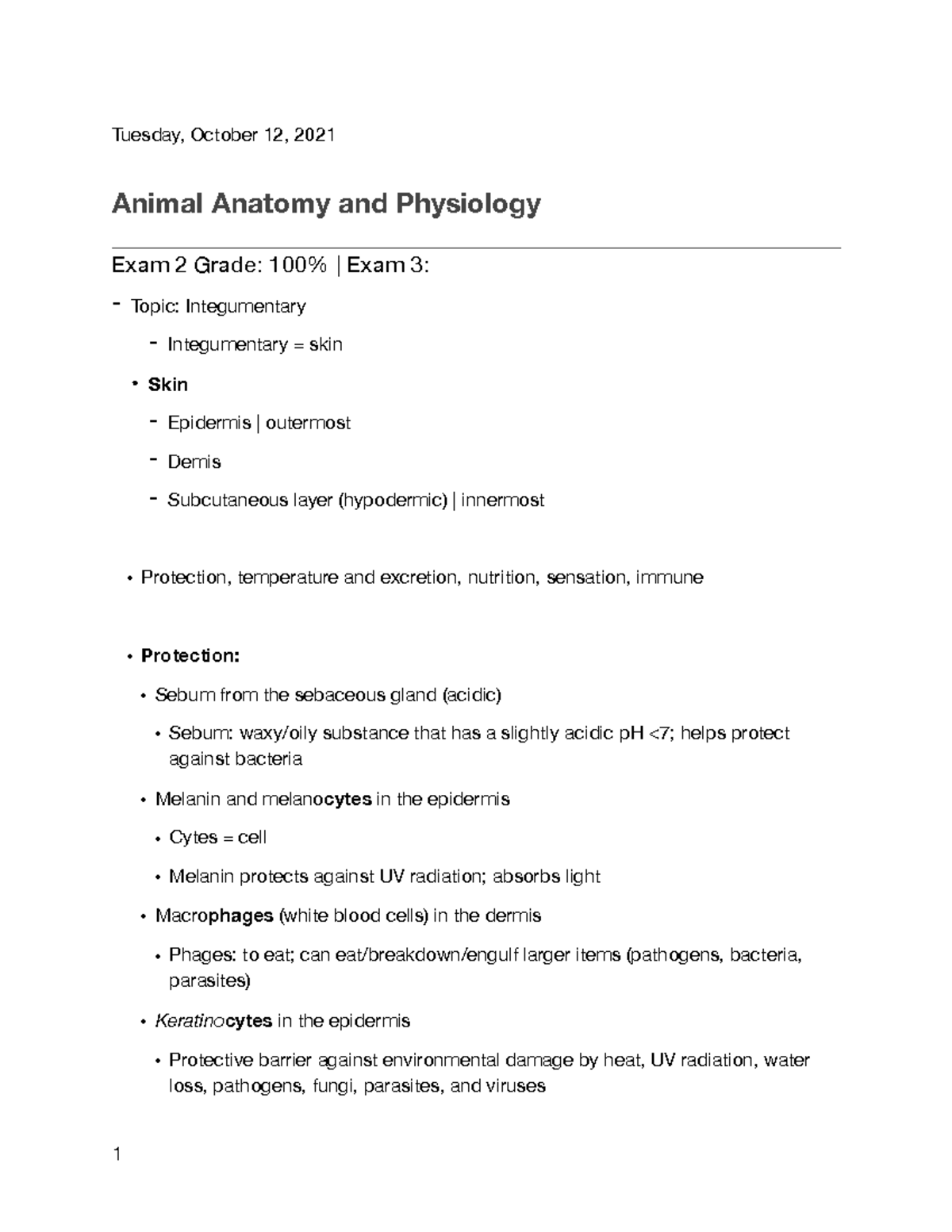 Animal Anatomy And Physiology (saas 111) Exam 3 - Tuesday, October 12 