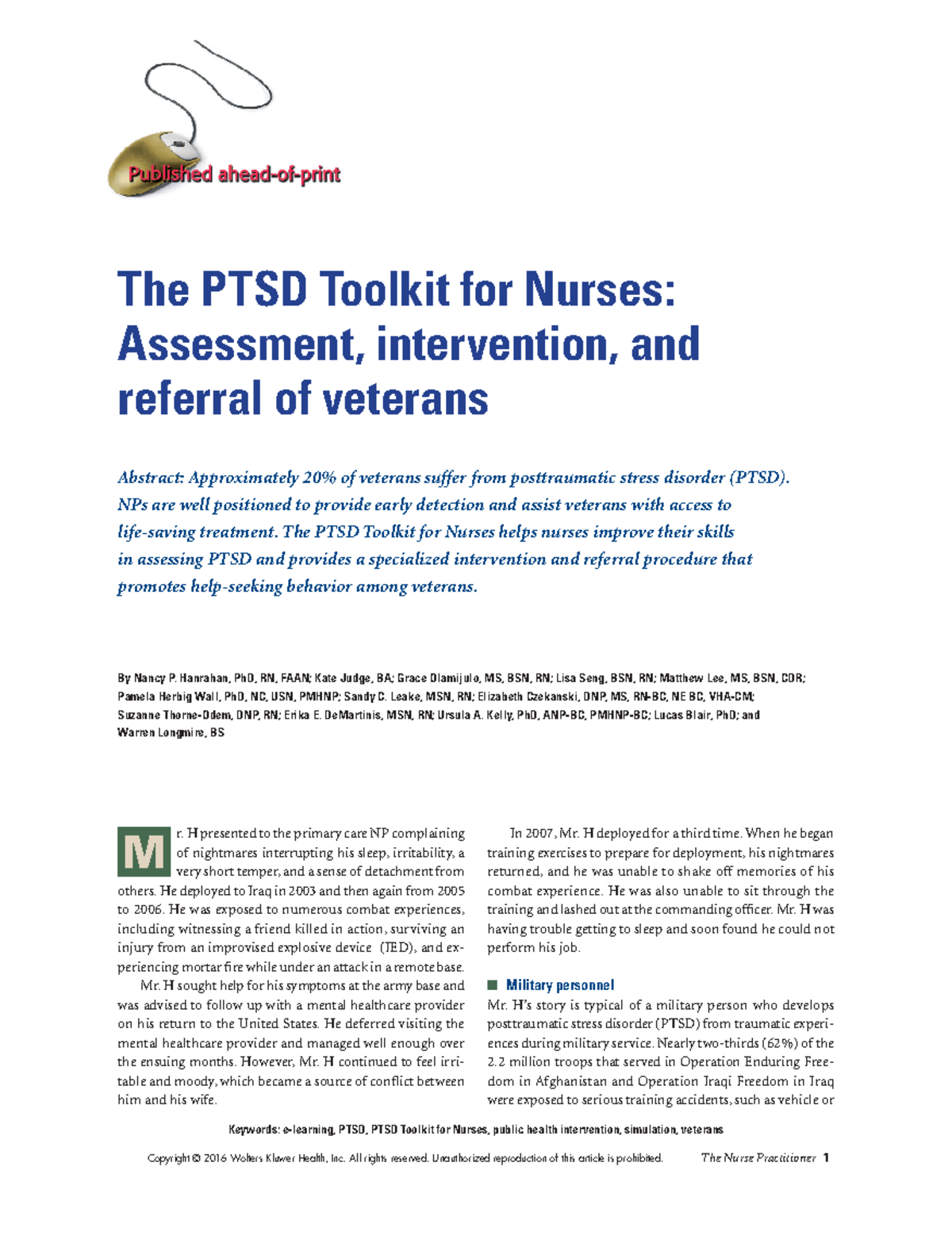 Week 8 Ptsd The Ptsd Toolkit For Nurses Assessment Copyright © 2016 Wolters Kluwer Health