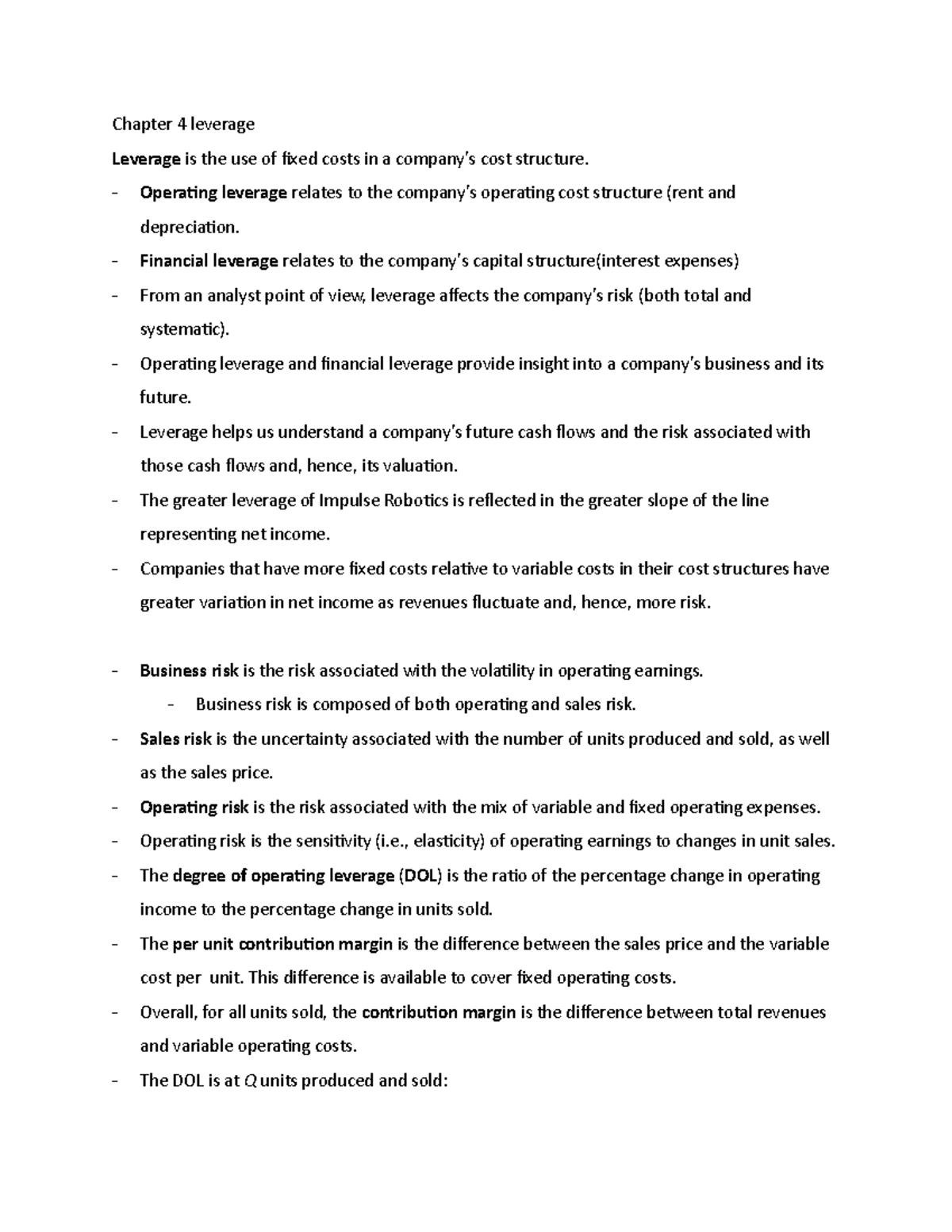 FIN410 - CH4 , 5 - notes - Chapter 4 leverage Leverage is the use of ...