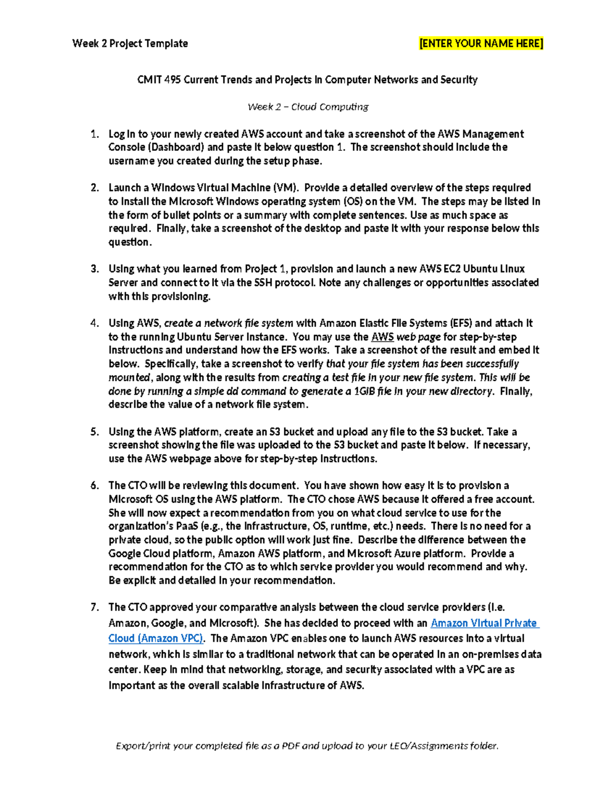 CMIT 495 Project 2 Cloud Computing Assignment Template-1 - Week 2 ...