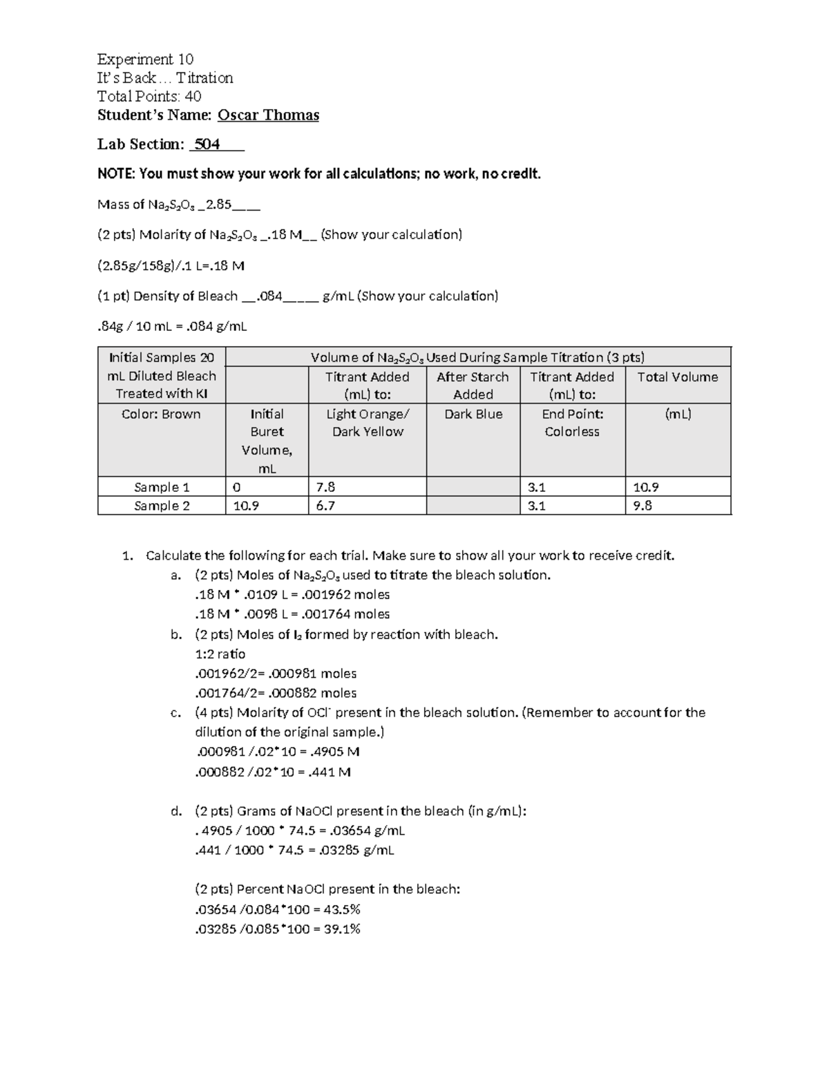 CHEM 110L Experiment 10 It's Back... Titration Experiment 10 It’s