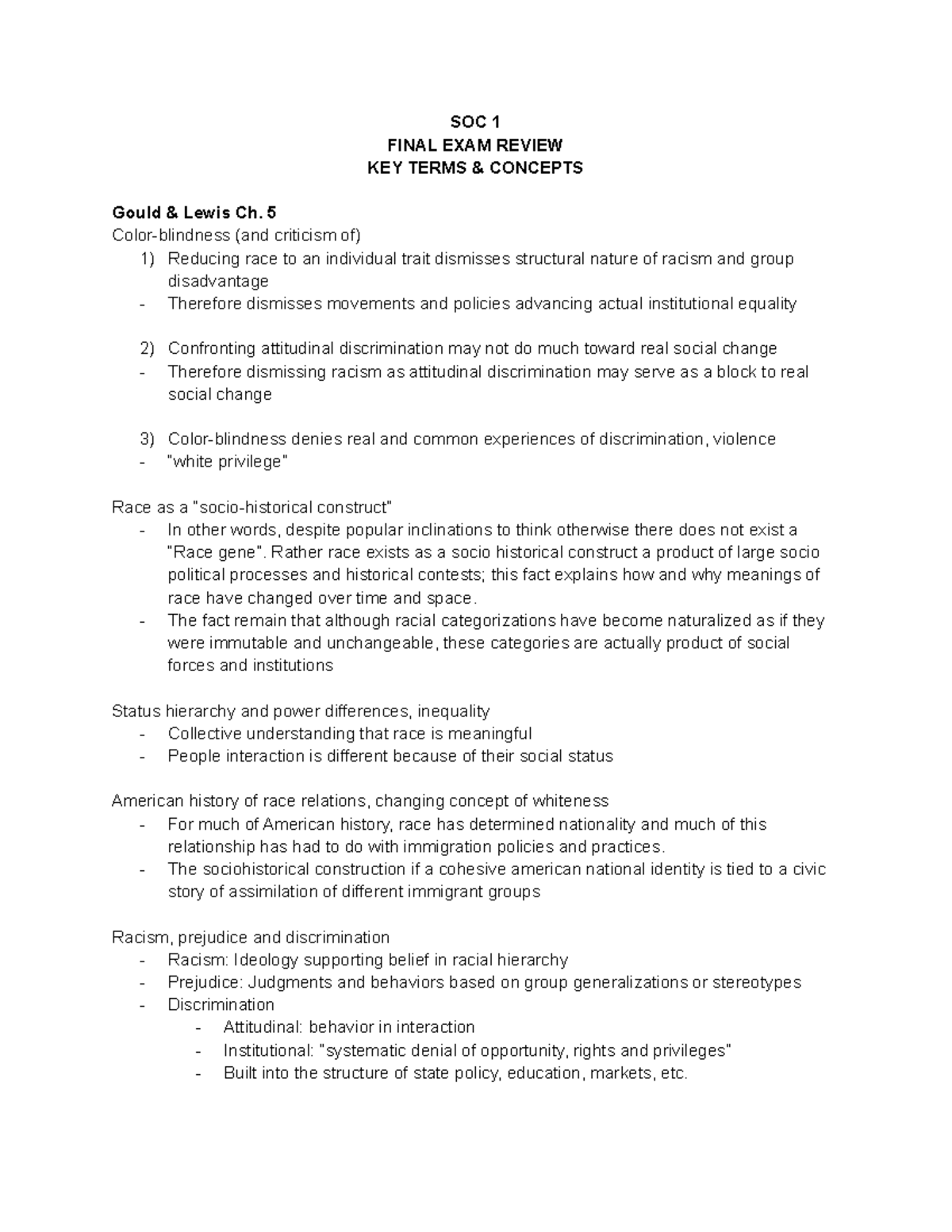 Sociology Final Exam Review - SOC 1 FINAL EXAM REVIEW KEY TERMS ...