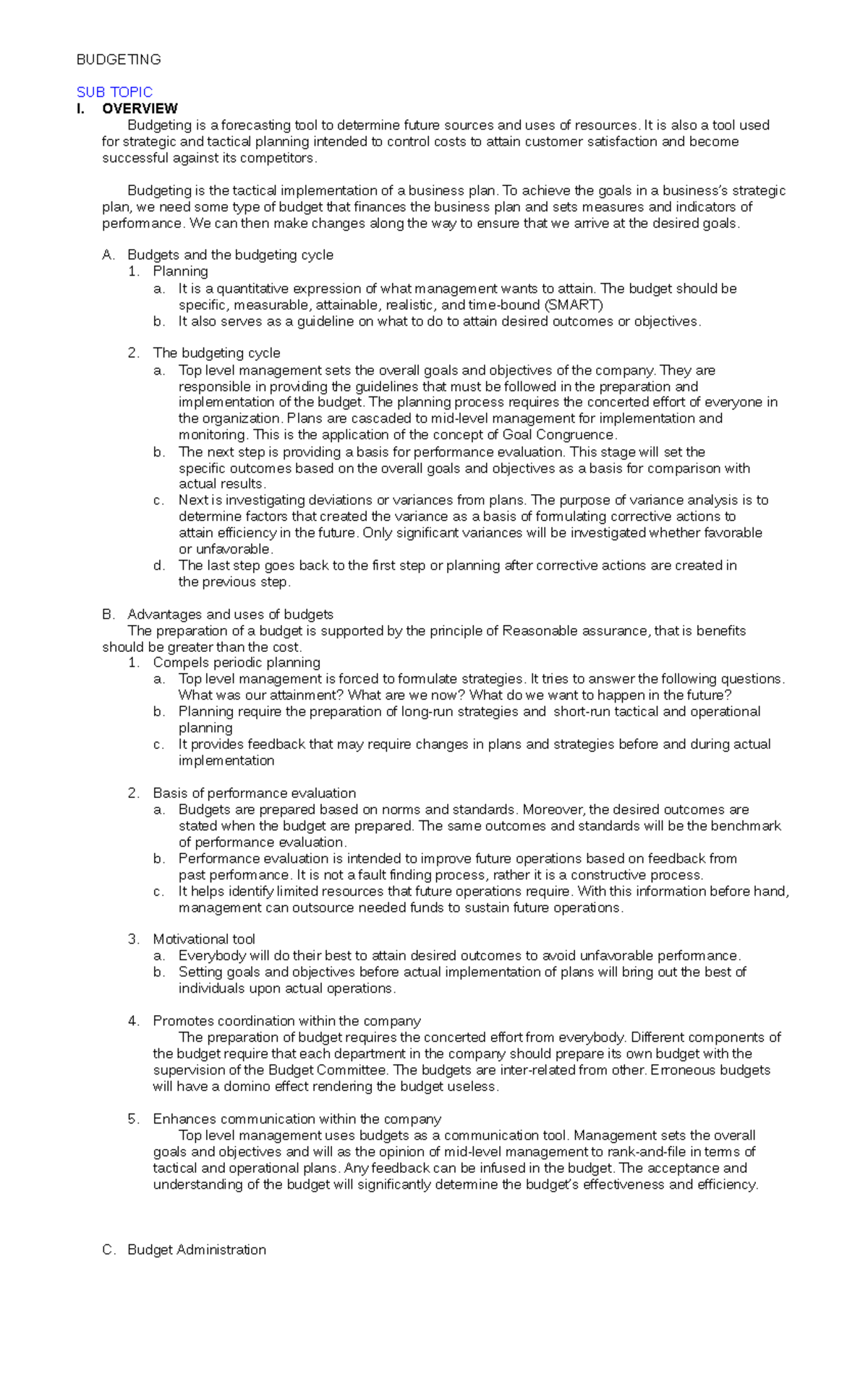 At 05 Concept Budgeting Concepts Budgeting Sub Topic I Overview