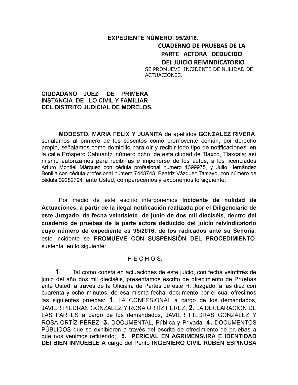 Incidente De Nulidad Expediente NÚmero 952016 Cuaderno De Pruebas De La Parte Actora 0047