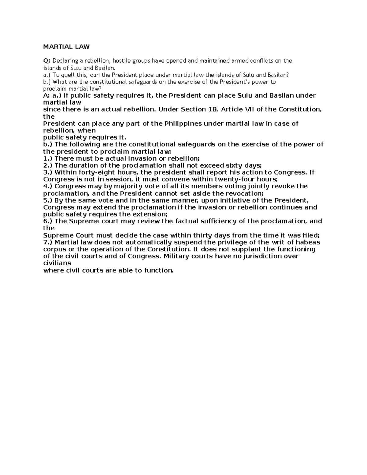 Martial LAW - notes - MARTIAL LAW Q: Declaring a rebellion, hostile ...