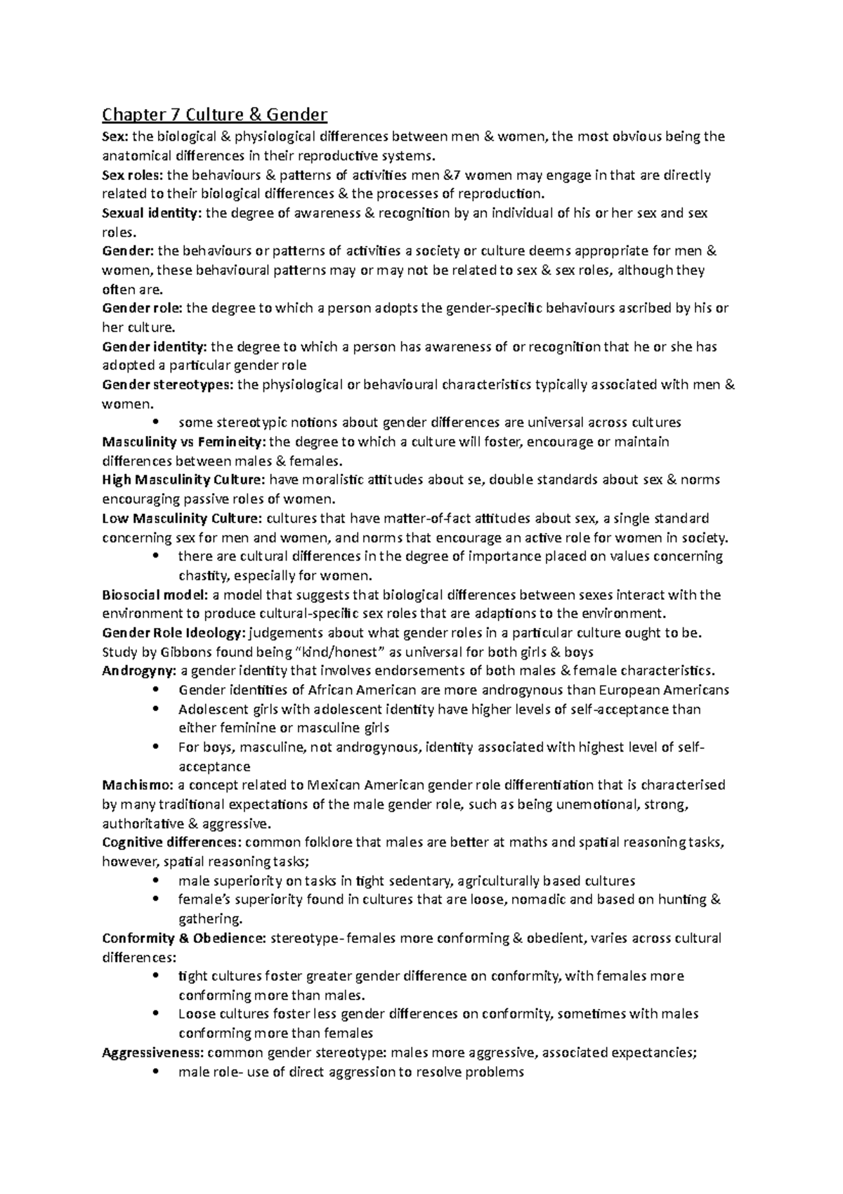 Chapter 7 Culture - SUMMARY - Chapter 7 Culture & Gender Sex: the ...