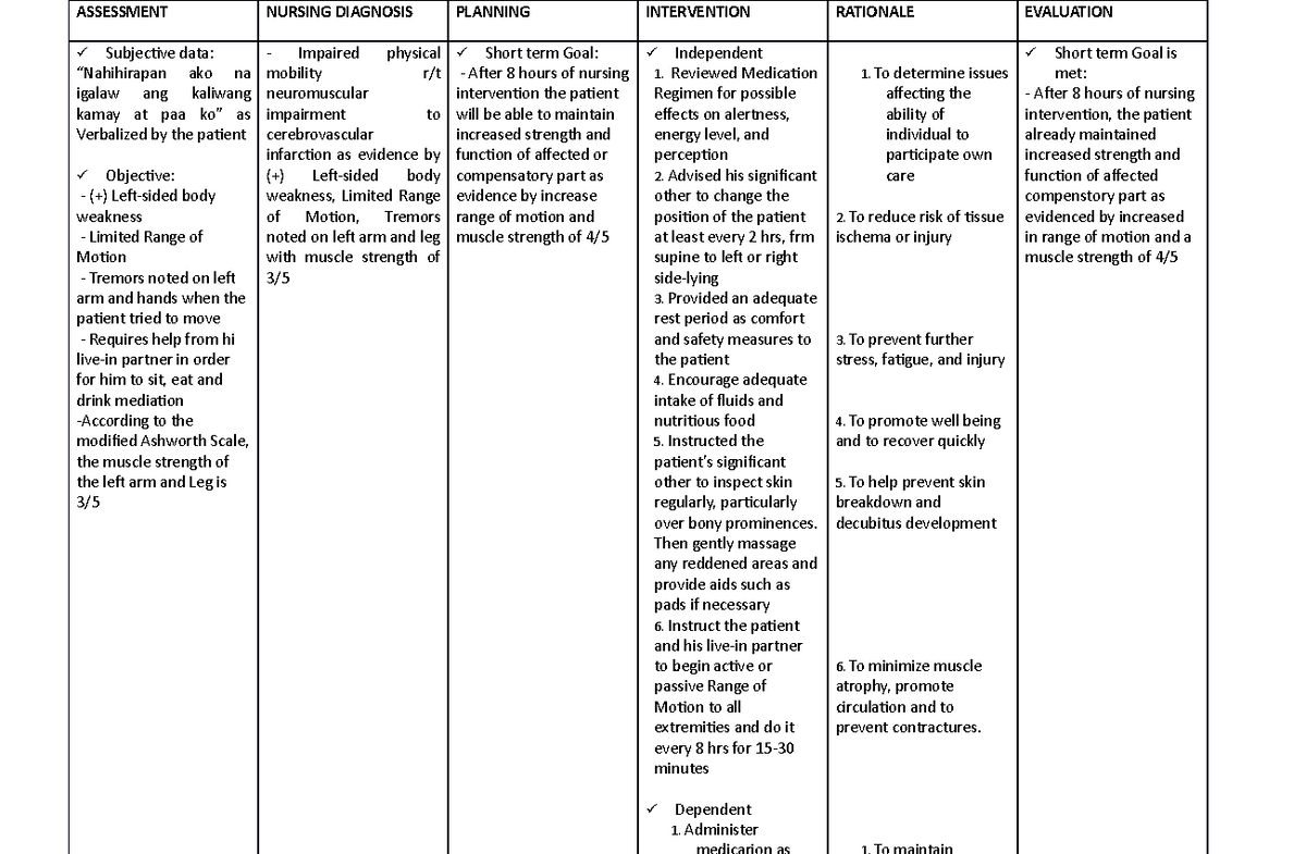 NCP 1 - Nursing Care plan Example - ASSESSMENT NURSING DIAGNOSIS ...