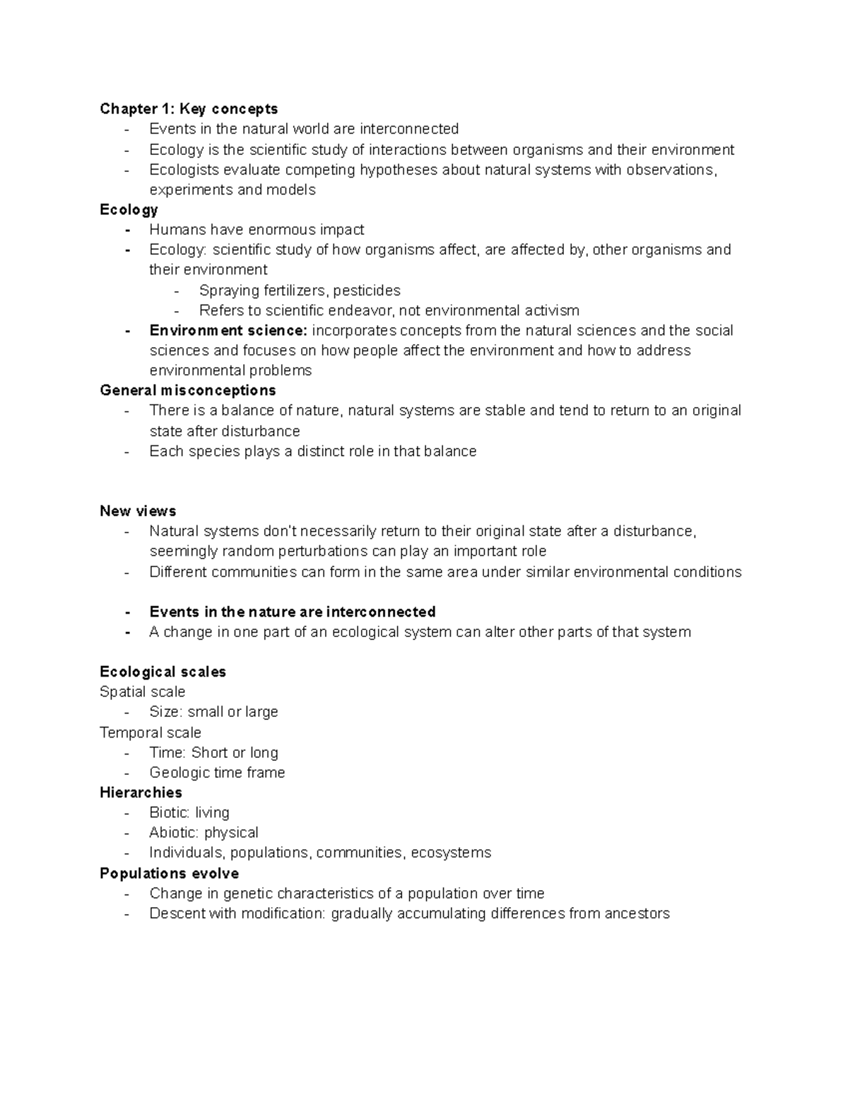 WK 1 Lectures - Ecology Notes - Chapter 1: Key concepts - Events in the ...