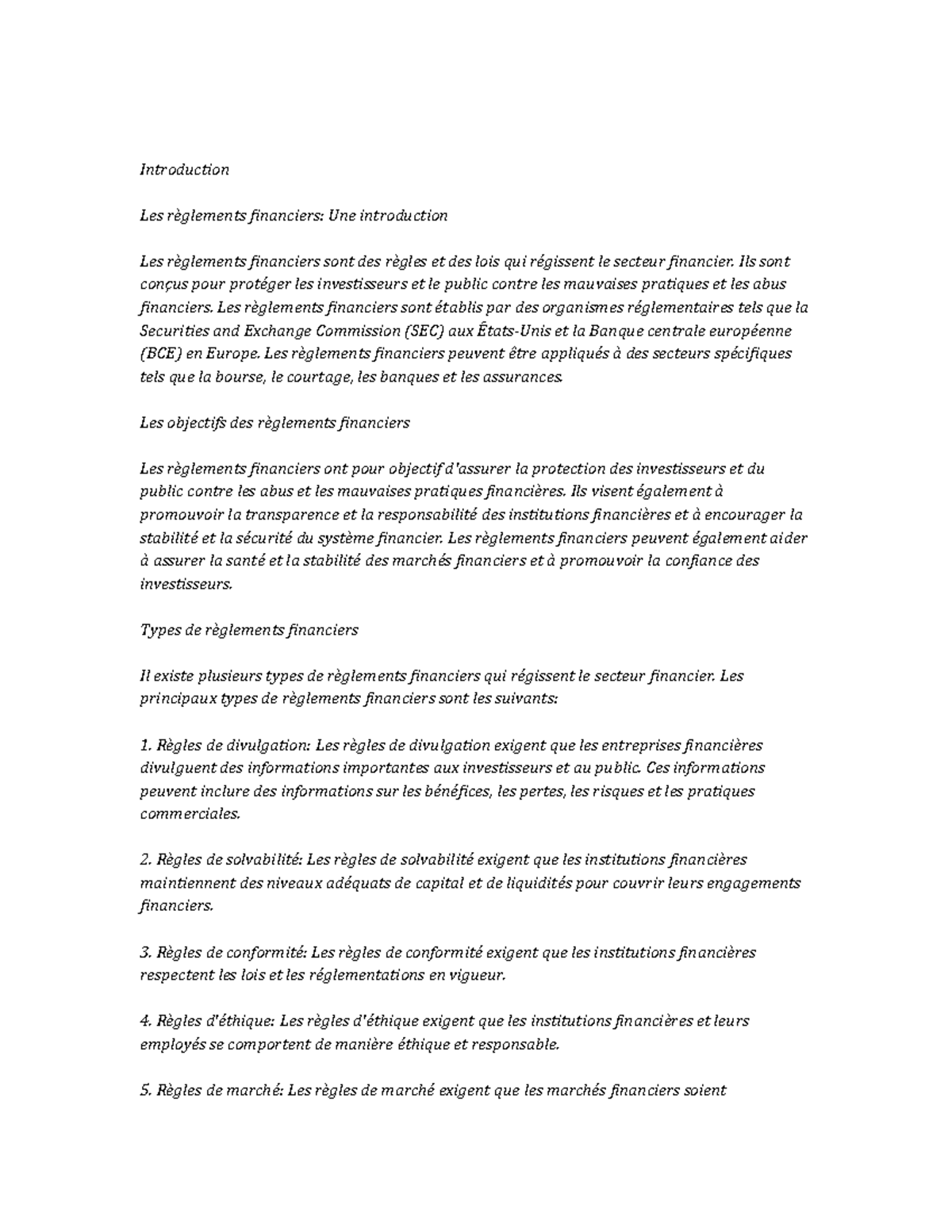 Financial regulation Study Notes - Introduction Les règlements ...