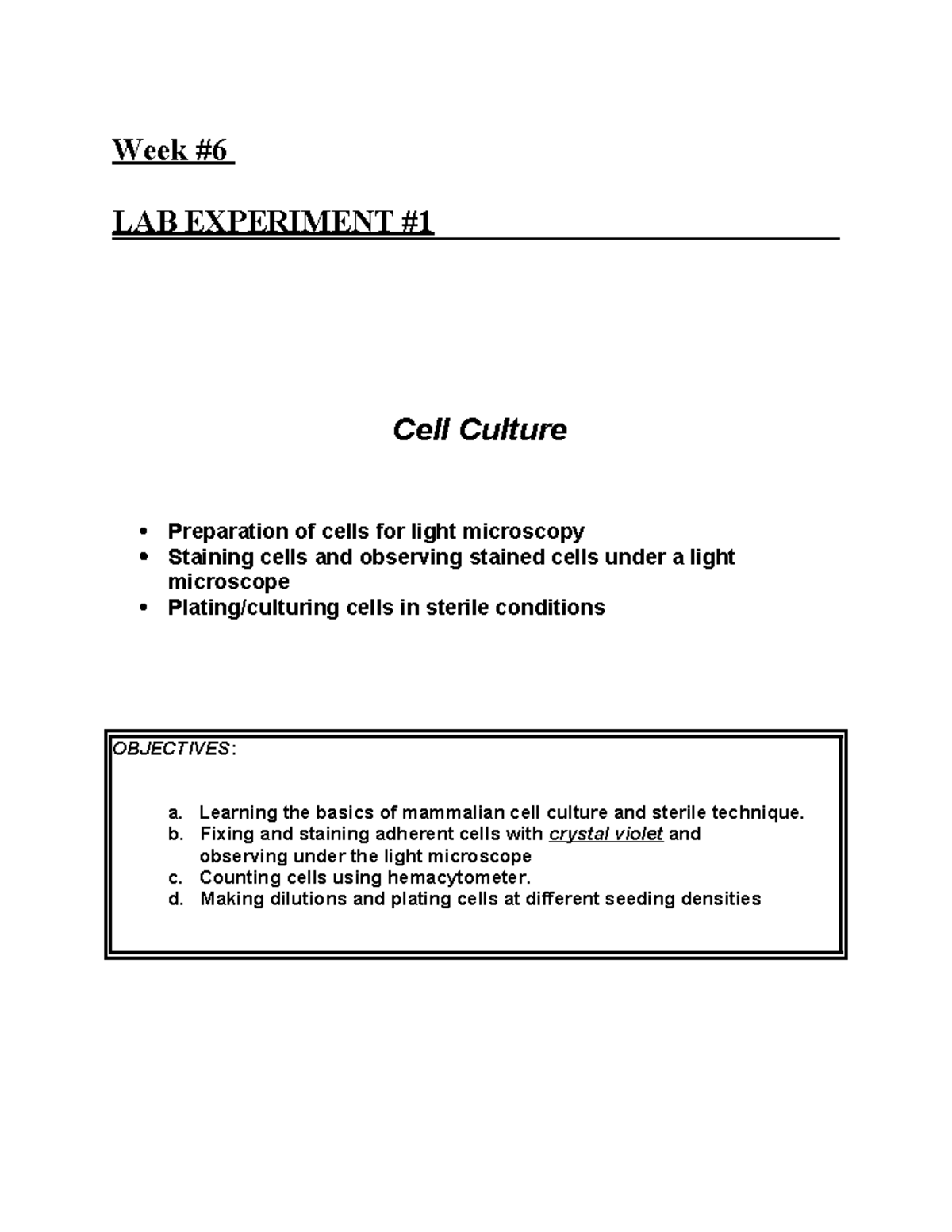 2024 manual week 6 LAB EXP #1 - Week LAB EXPERIMENT Cell Culture ...