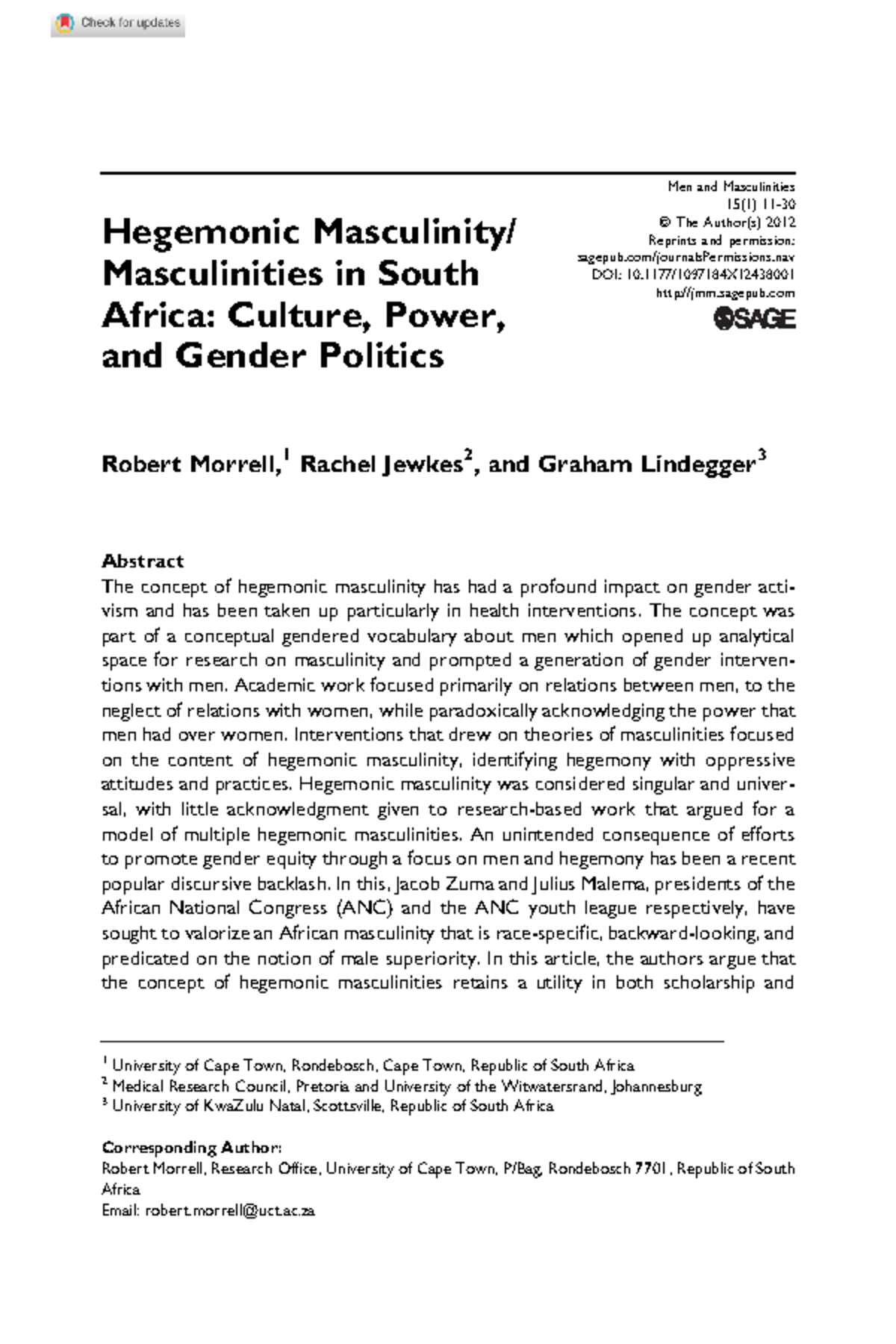 Morrell et al 2012 hegemonic masculinity masculinities in south africa ...