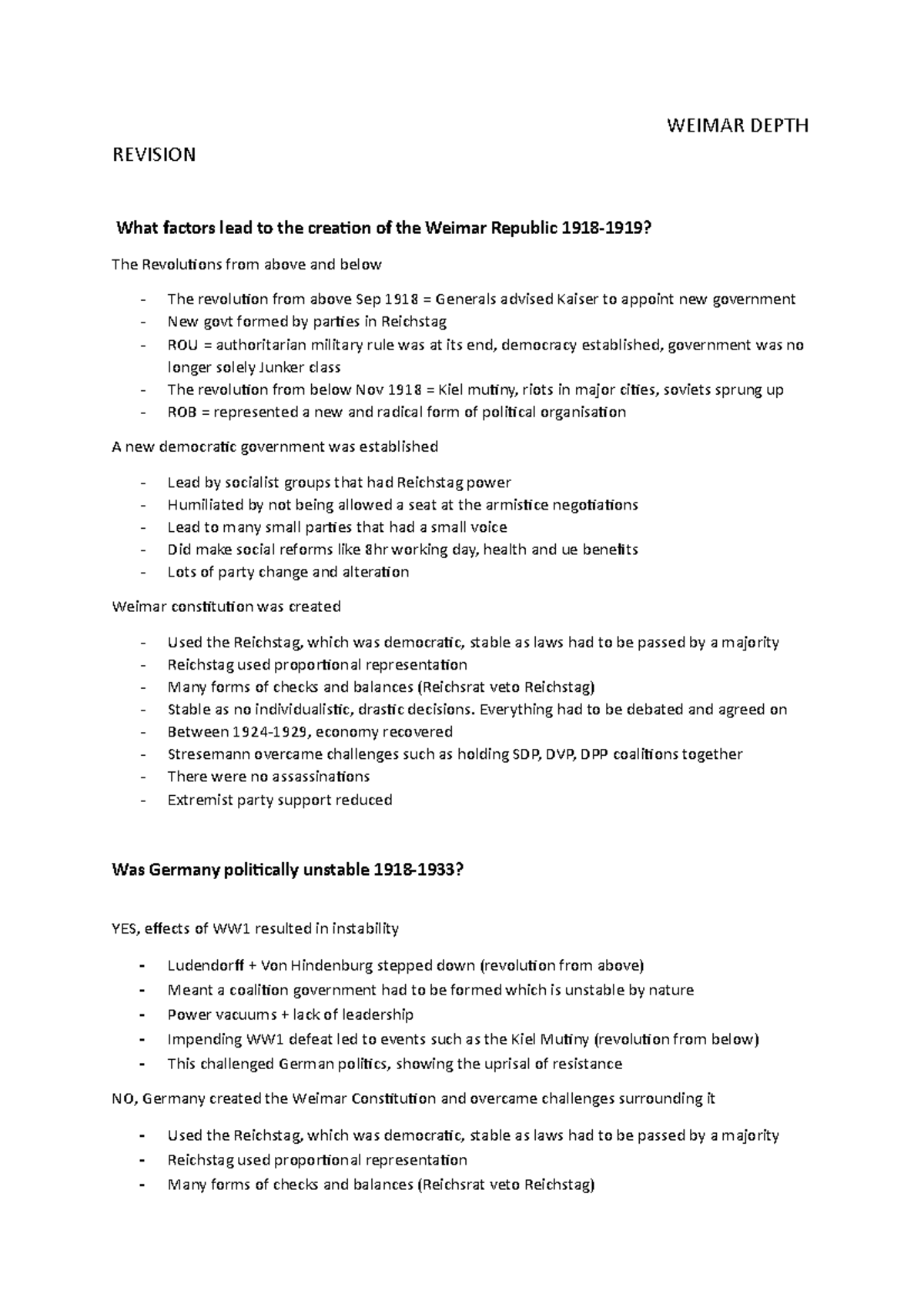 Germany Revision notes + exam questions WEIMAR DEPTH REVISION What