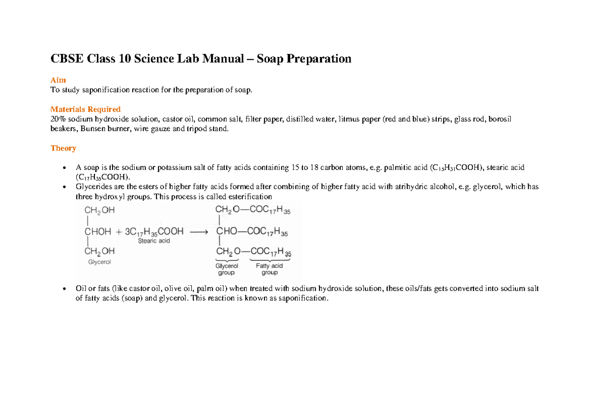 CBSE Class 10 Science Lab Manual Soap Preparation CBSE Class 10