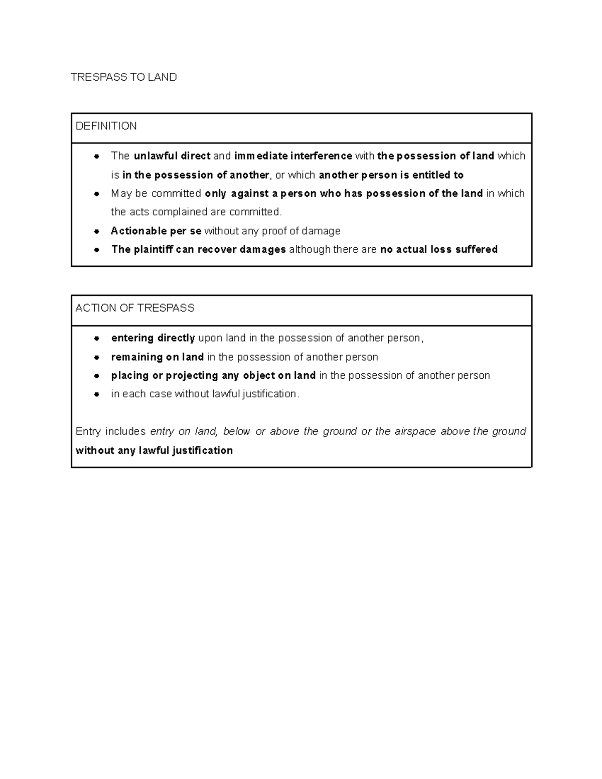 Trespass TO LAND - elements - TRESPASS TO LAND DEFINITION The unlawful ...