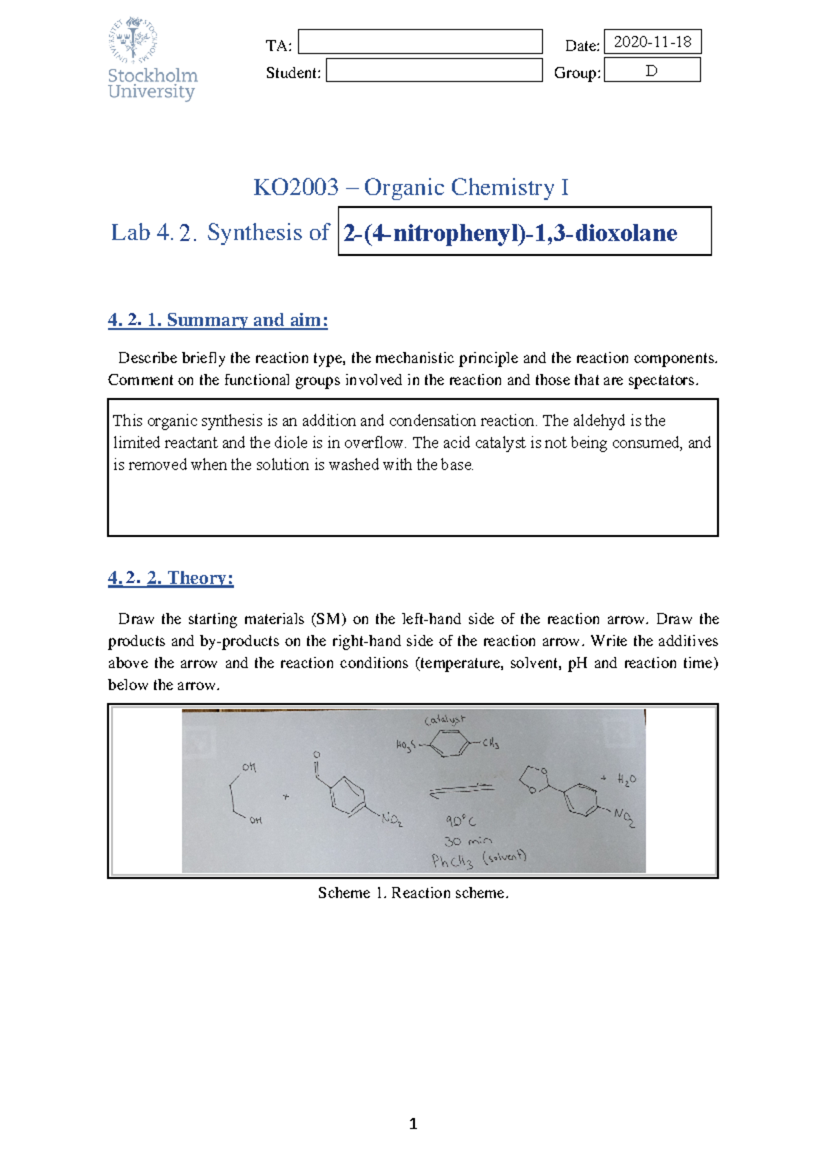 Labreport 4 - Labbrapport - TA: Date: Student: Group: KO2 003 – Organic ...