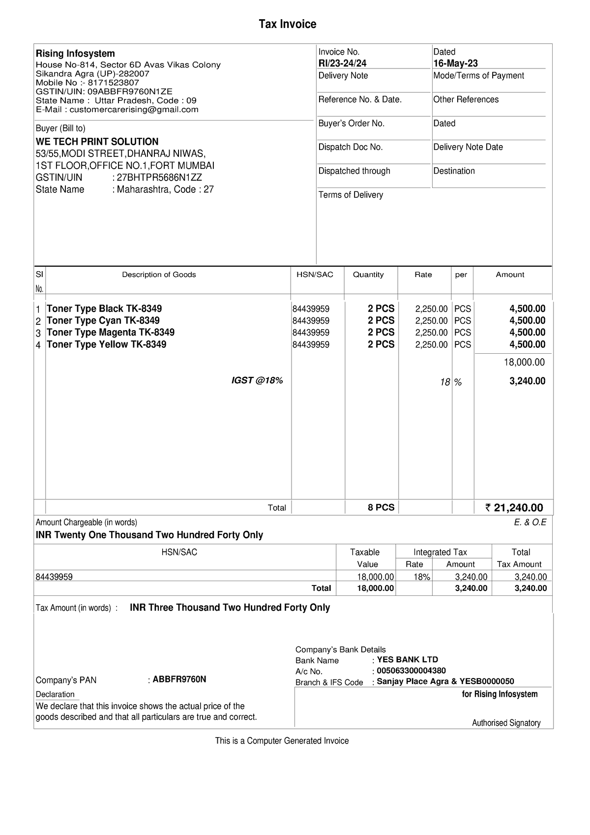 00024 - mjjkk - Tax Invoice Rising Infosystem House No-814, Sector 6D ...