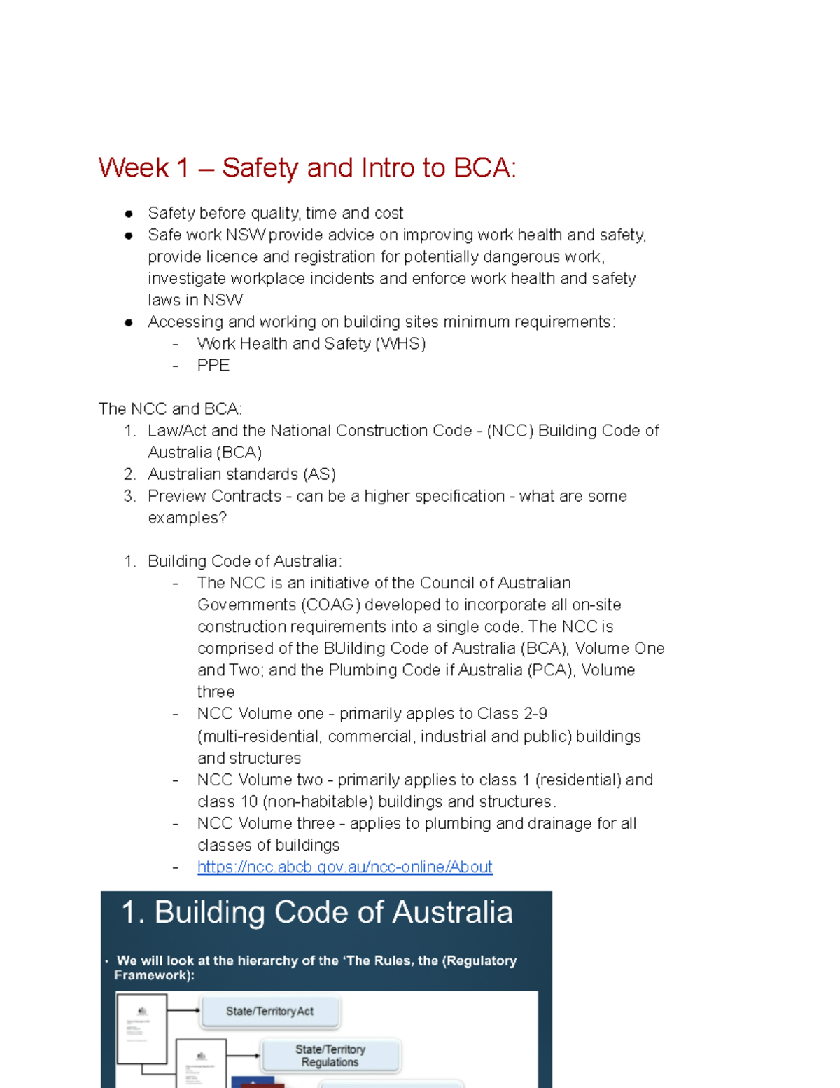 Tech 1 notes Week 1 Safety and Intro to BCA Safety before quality