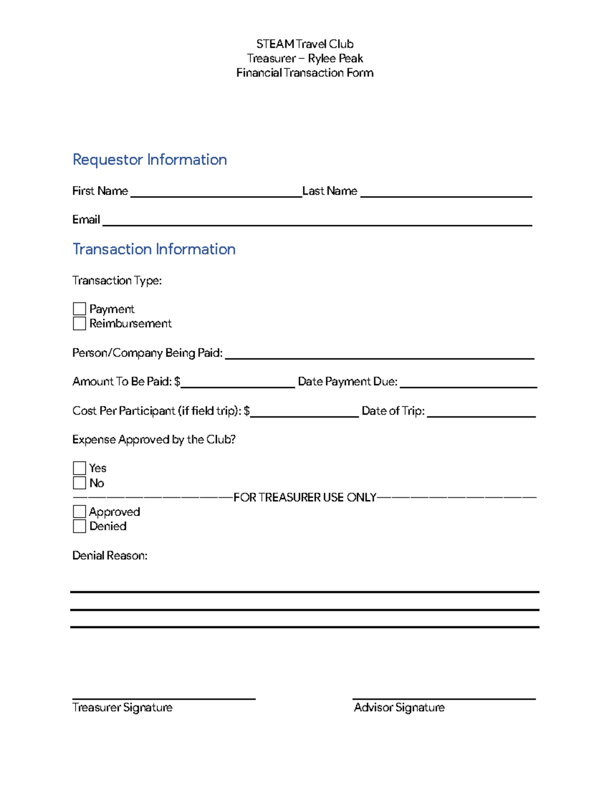 Financial Transaction Information - STEAM Travel Club Treasurer – Rylee ...