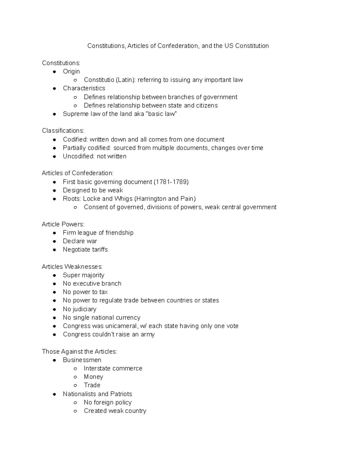 Constitutions, Articles of Confederation, and the US Constitution