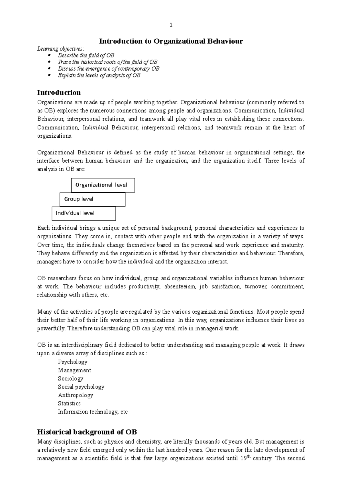 OB- Introduction - Lecture notes 1 - 1 Introduction to Organizational ...