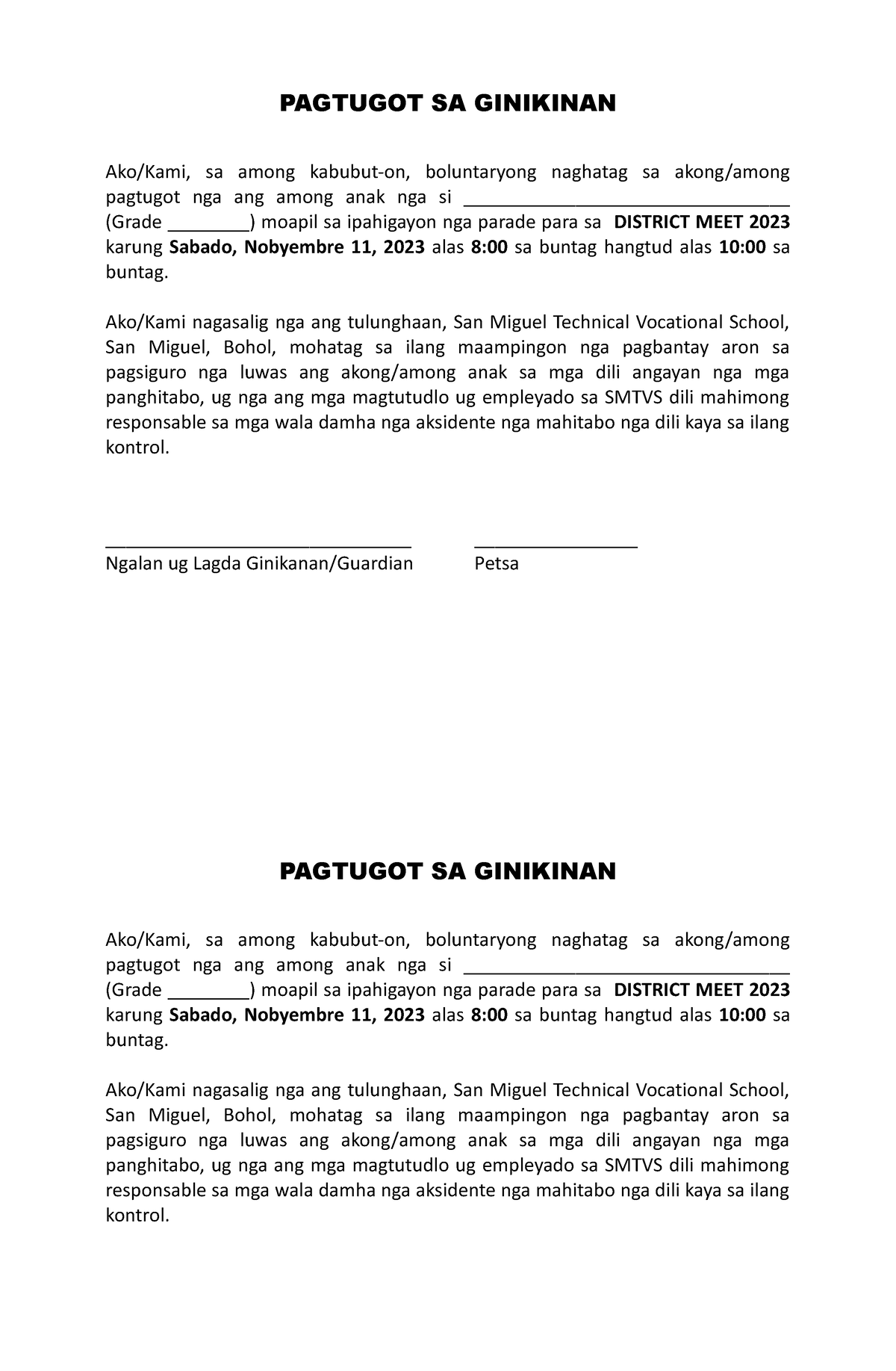 Parents consent cebuano gsp - PAGTUGOT SA GINIKINAN Ako/Kami, sa among