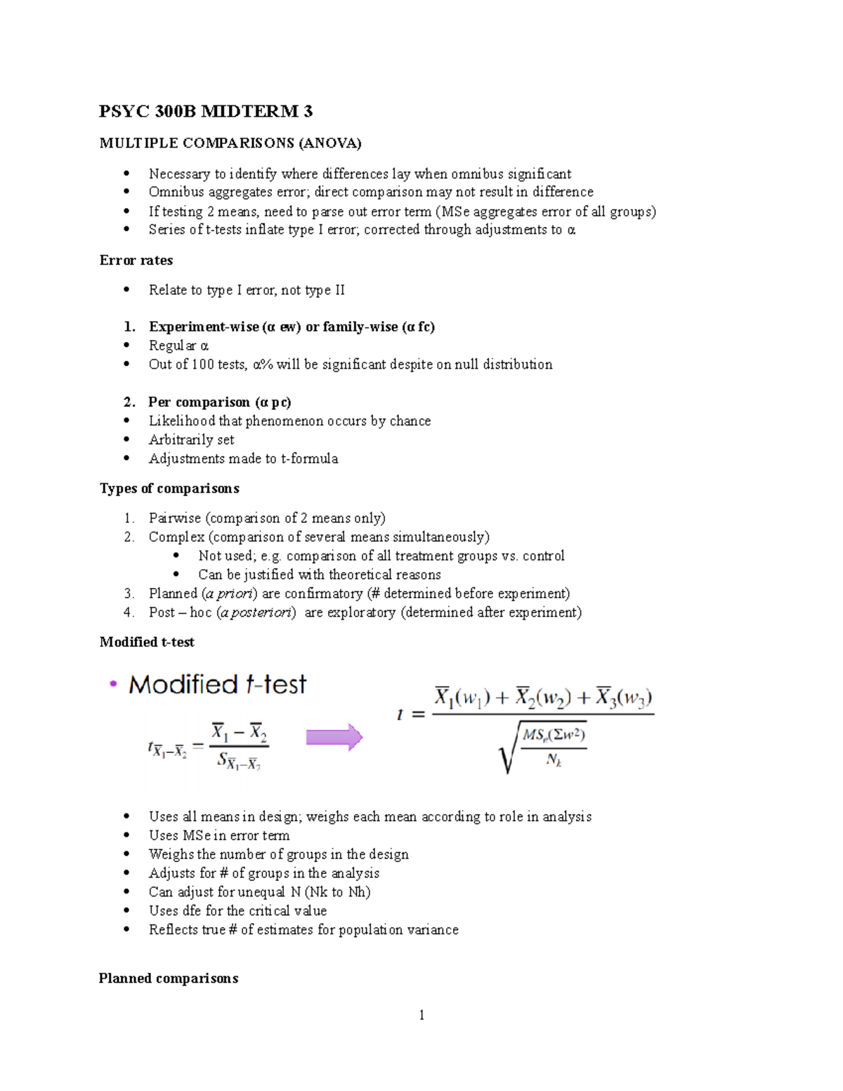 PSYC 300B Midterm 3 - PSYC 300B MIDTERM 3 MULTIPLE COMPARISONS (ANOVA ...