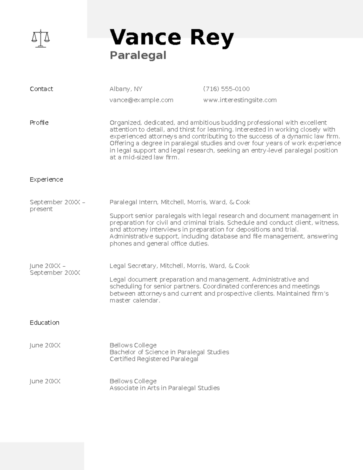 Paralegal resume - comprehensive study guides - Vance Rey Paralegal ...