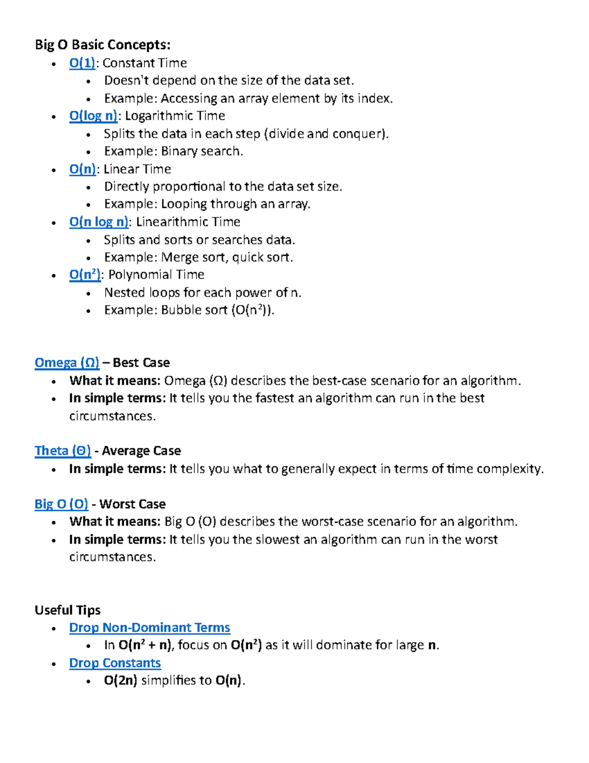 Big+O+Notes - Big o - Big O Basic Concepts: • O(1): Constant Time ...