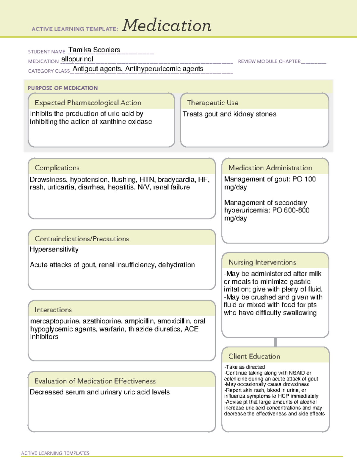 Allopurinol ATI medication template ACTIVE LEARNING TEMPLATES