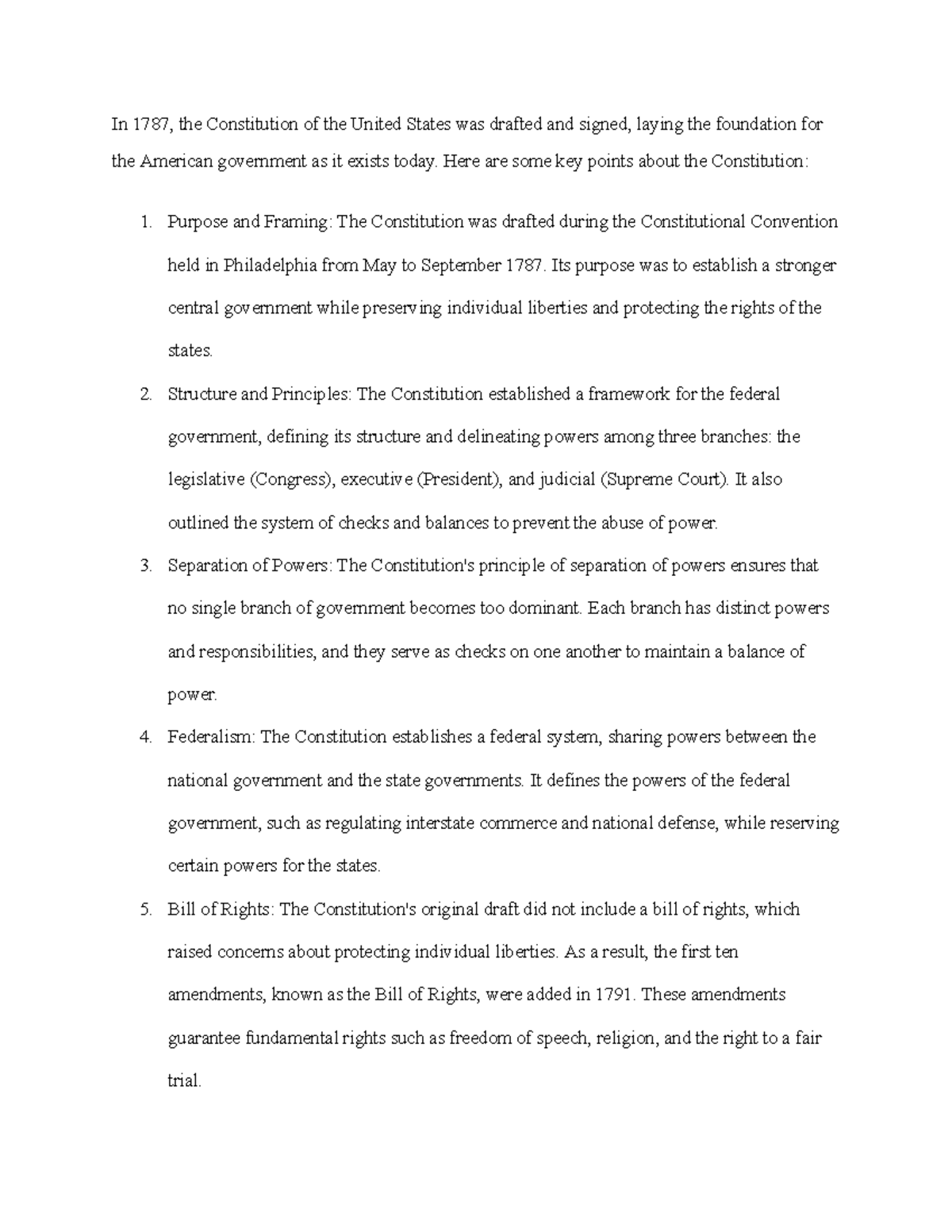 1787 Constitution of the United States Here are some key points about
