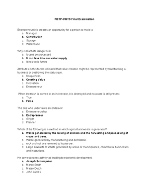 NSTP-CWTS Second Examination - Oxygenation Of Soil B. Carbonization Of ...