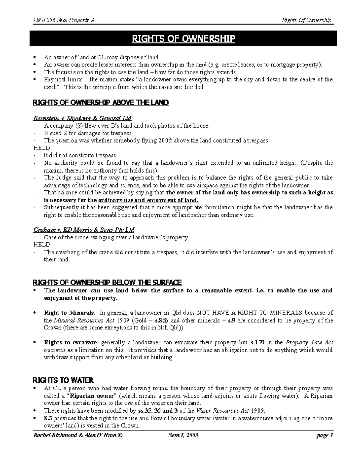 Rights of Ownership - prop law notes exam - LWB 236 Real Property A ...
