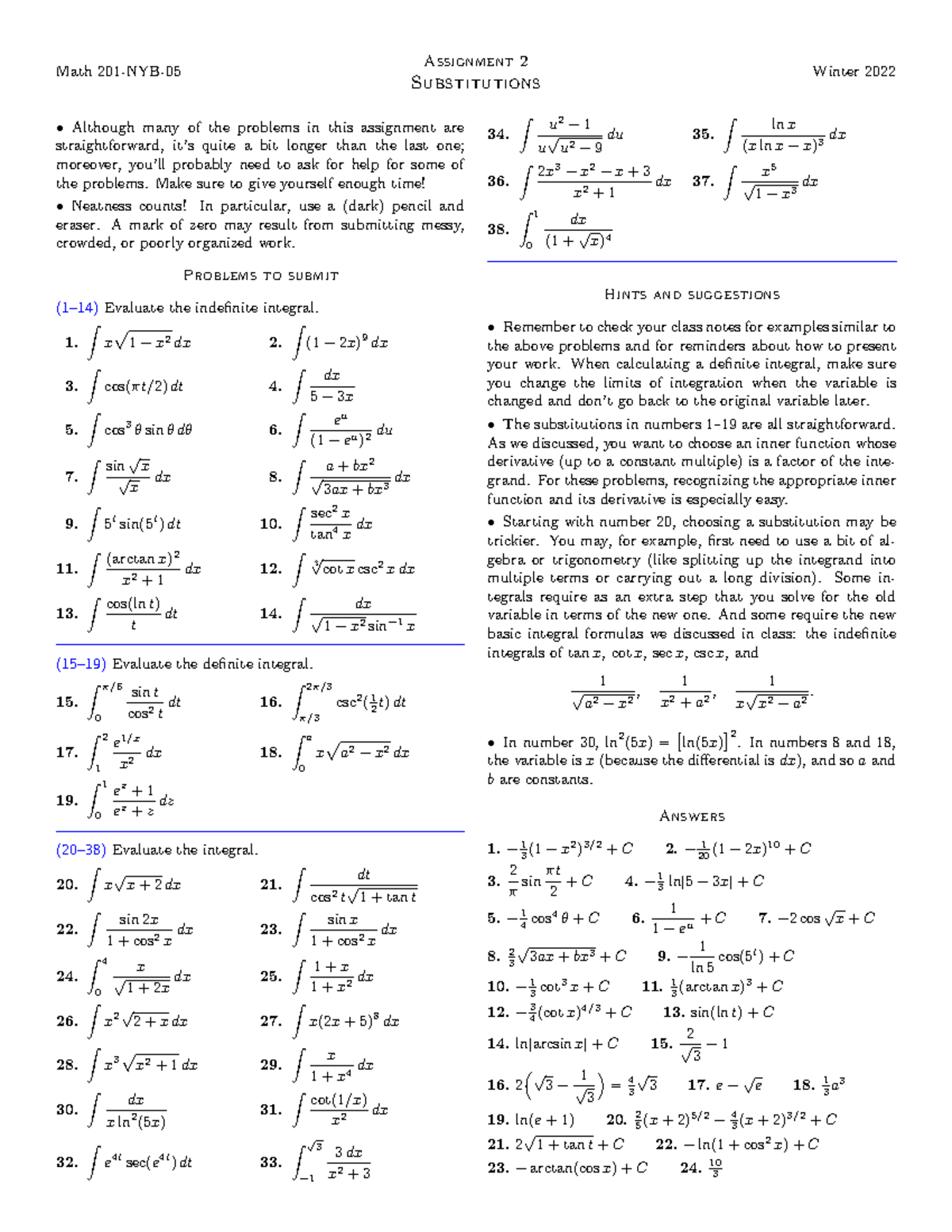Assignment 02 - Practice - Math 201-NYB- Assignment 2 Substitutions ...