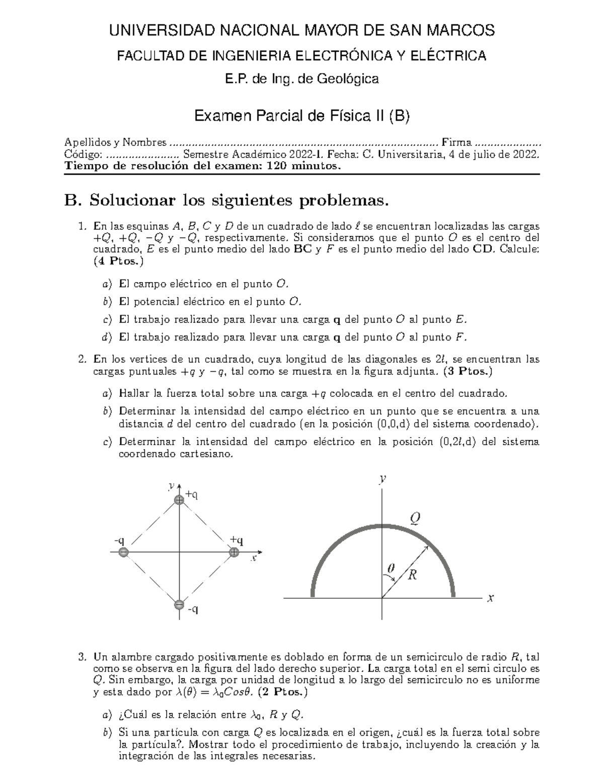 Examen Parcial (B) Física II 2022-1 - UNIVERSIDAD NACIONAL MAYOR DE SAN ...