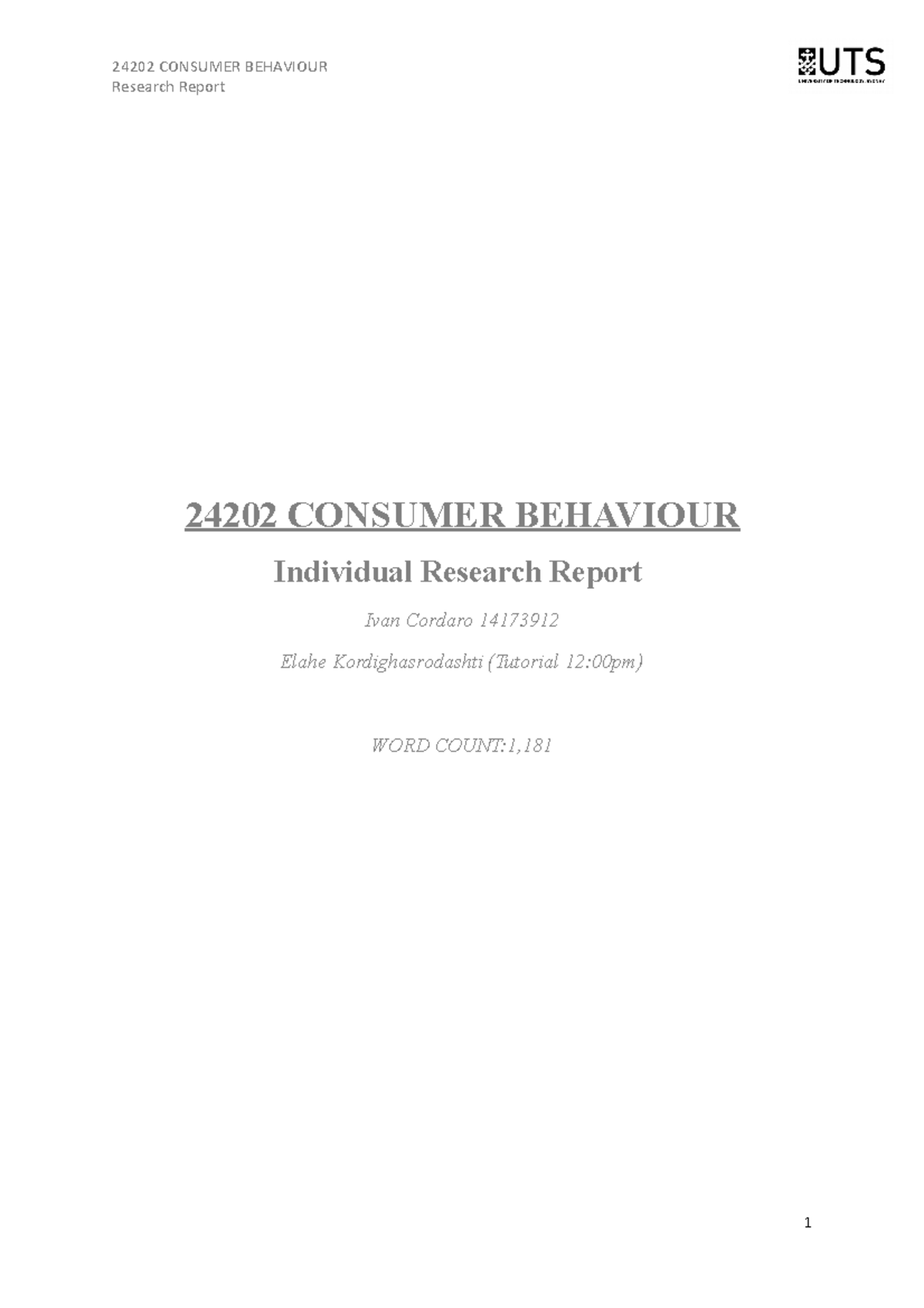 Consumer Behaviour - Individual Research Report - Research Report 24202 ...