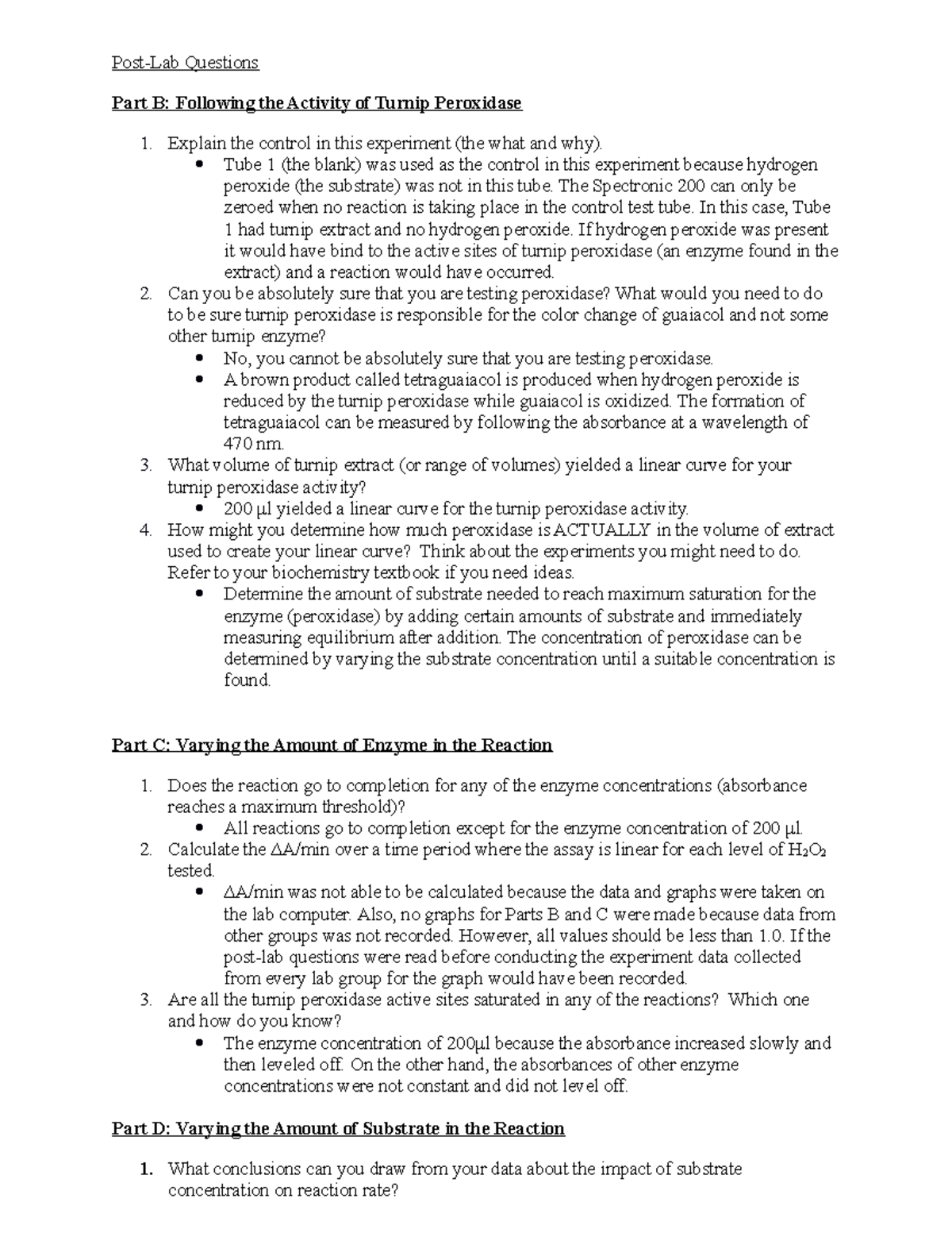 Turnip Peroxidase Lab Report PostLab Questions Part B Following the