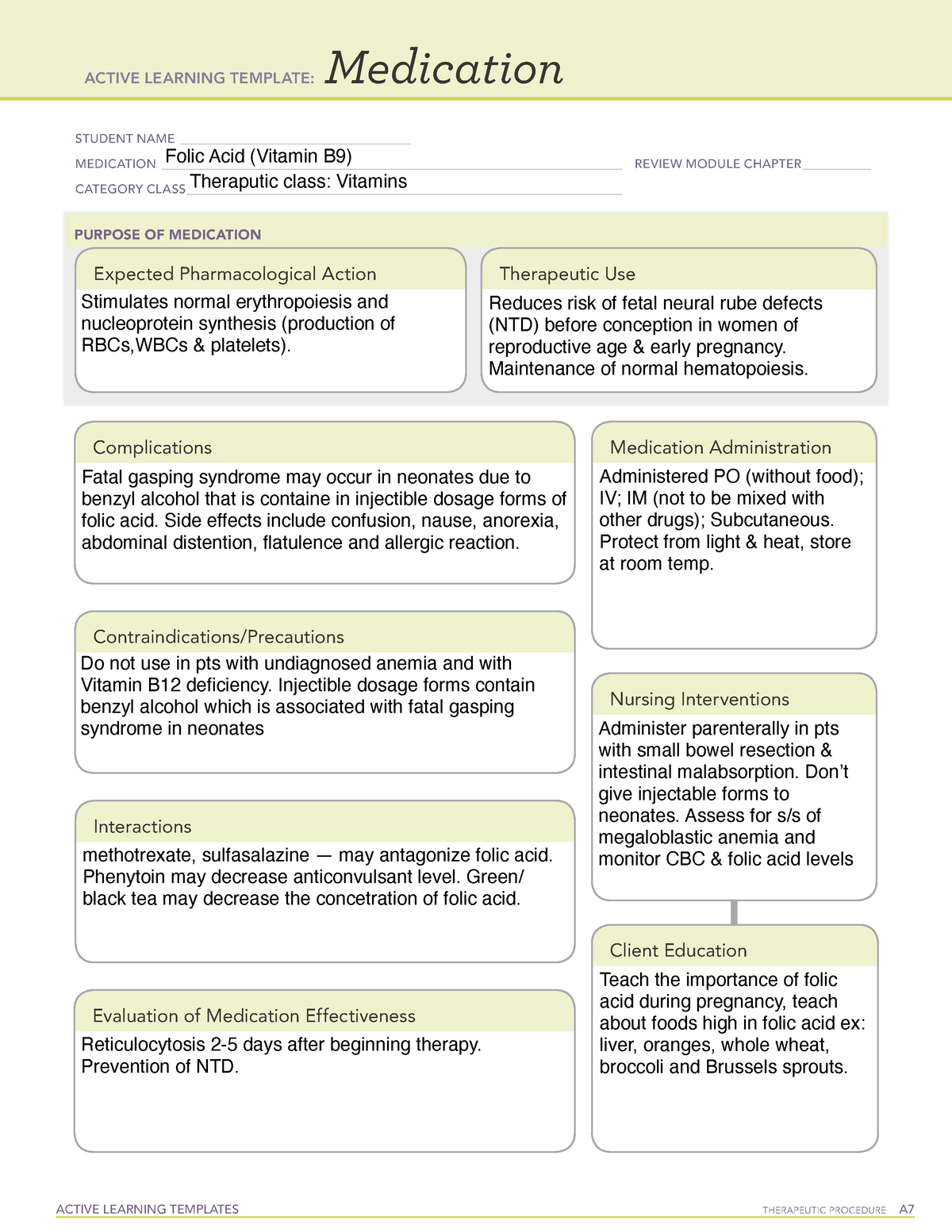 Folic Acid ATI Medication Template ACTIVE LEARNING TEMPLATES THERAPEUTIC PROCEDURE A