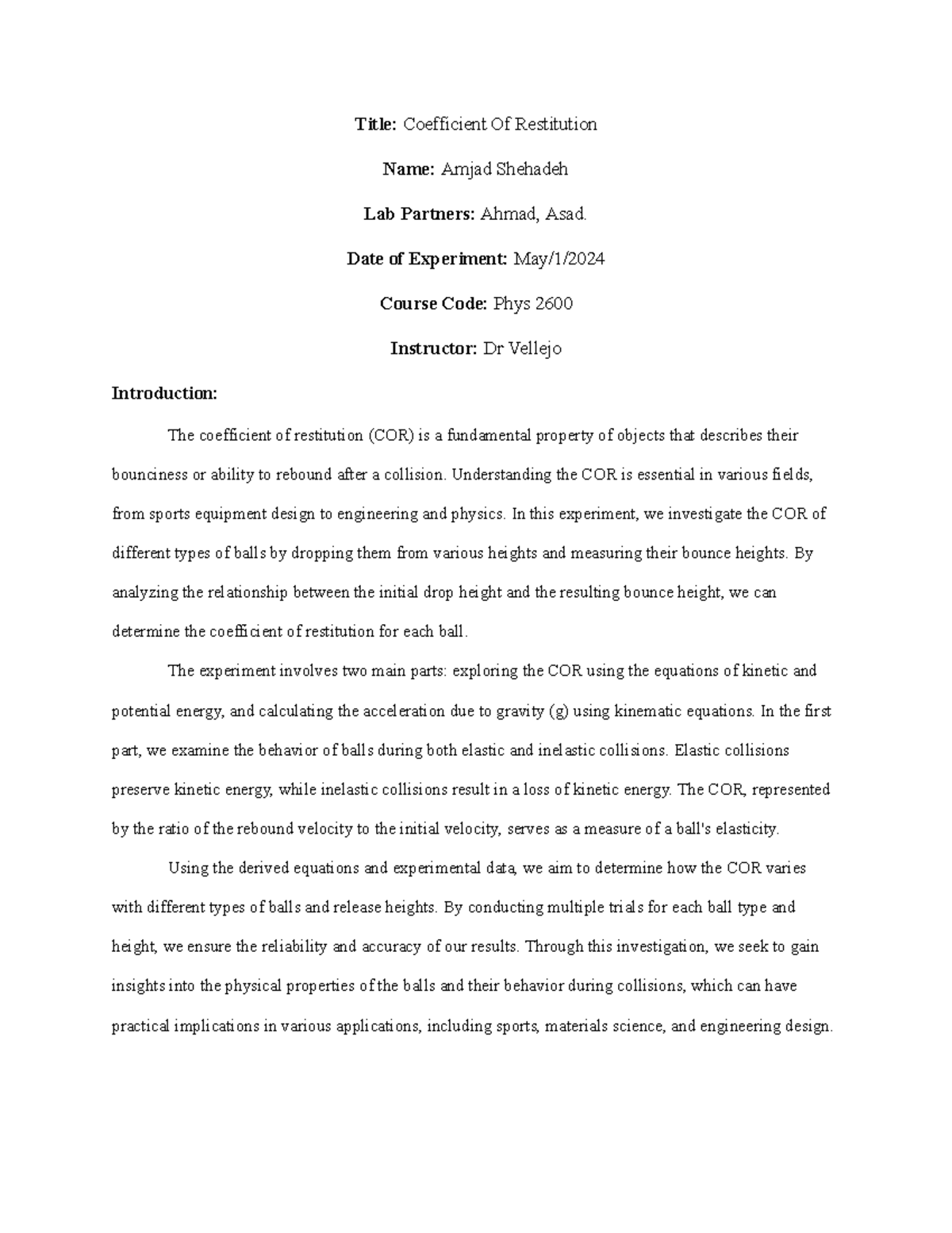 Lab%2010 %20phys%202600 - Title: Coefficient Of Restitution Name: Amjad ...
