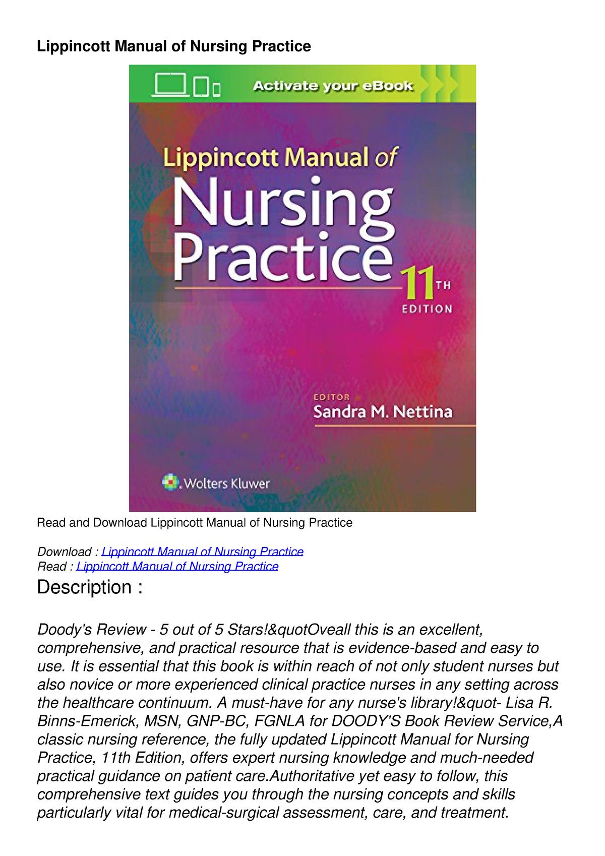 DOWNLOAD/PDF Lippincott Manual Of Nursing Practice - Lippincott Manual ...